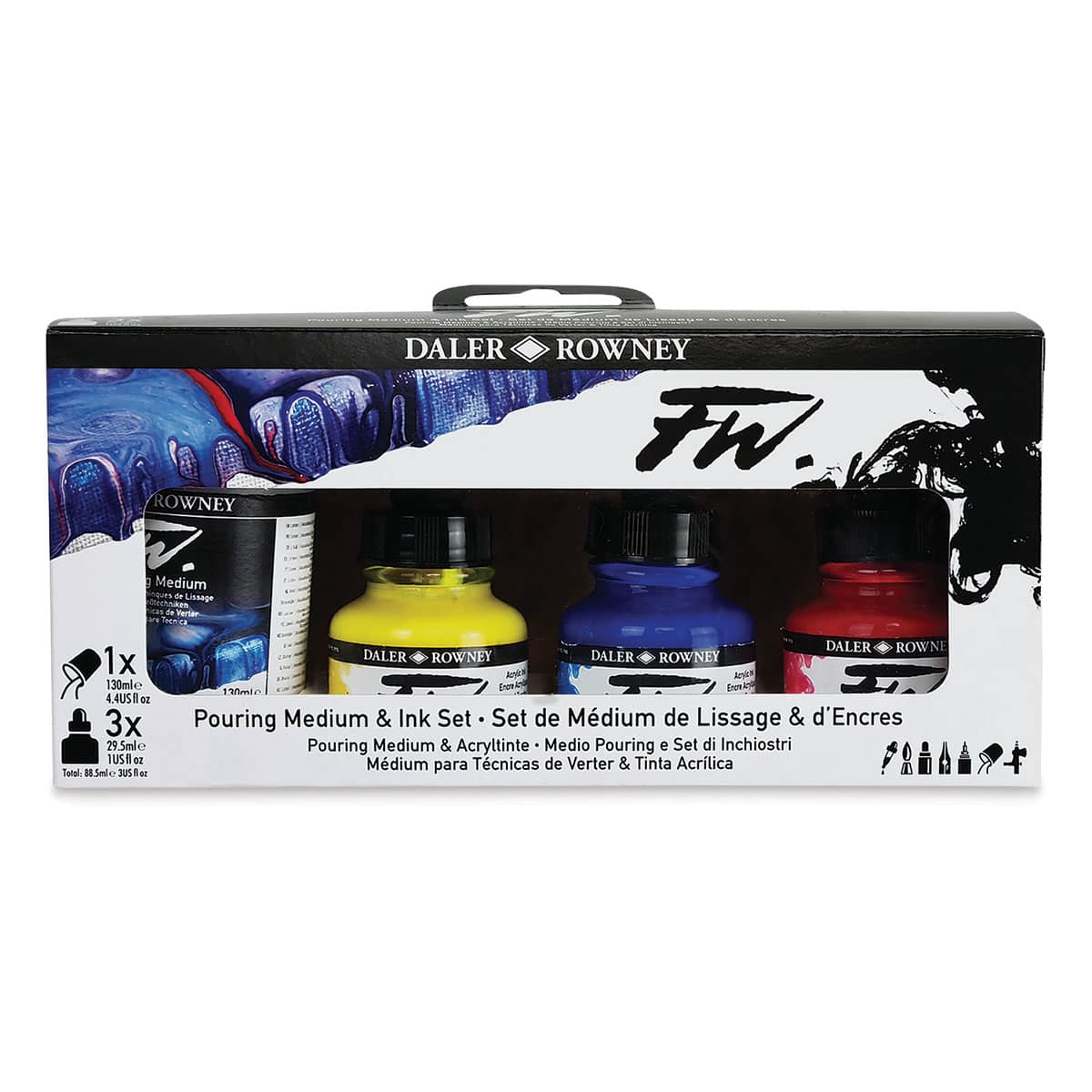 Daler-Rowney FW Acrylic Water-Resistant Artists Ink - Pouring Colors, Set of 4 (in package) Daler-Rowney FW Acrylic Water-Resistant Artists Ink - Pouring Colors, Set of 4 (in package)