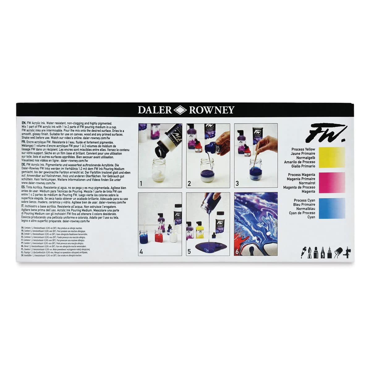 Daler-Rowney FW Acrylic Water-Resistant Artists Ink - Pouring Colors, Set of 4 (back of package) Daler-Rowney FW Acrylic Water-Resistant Artists Ink - Pouring Colors, Set of 4 (back of package)