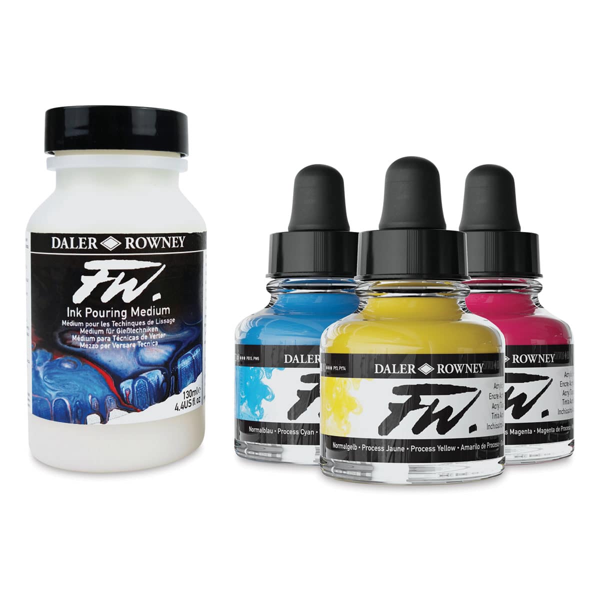 Daler-Rowney FW Acrylic Water-Resistant Artists Ink - Pouring Colors, Set of 4 (set contents) Daler-Rowney FW Acrylic Water-Resistant Artists Ink - Pouring Colors, Set of 4 (set contents)