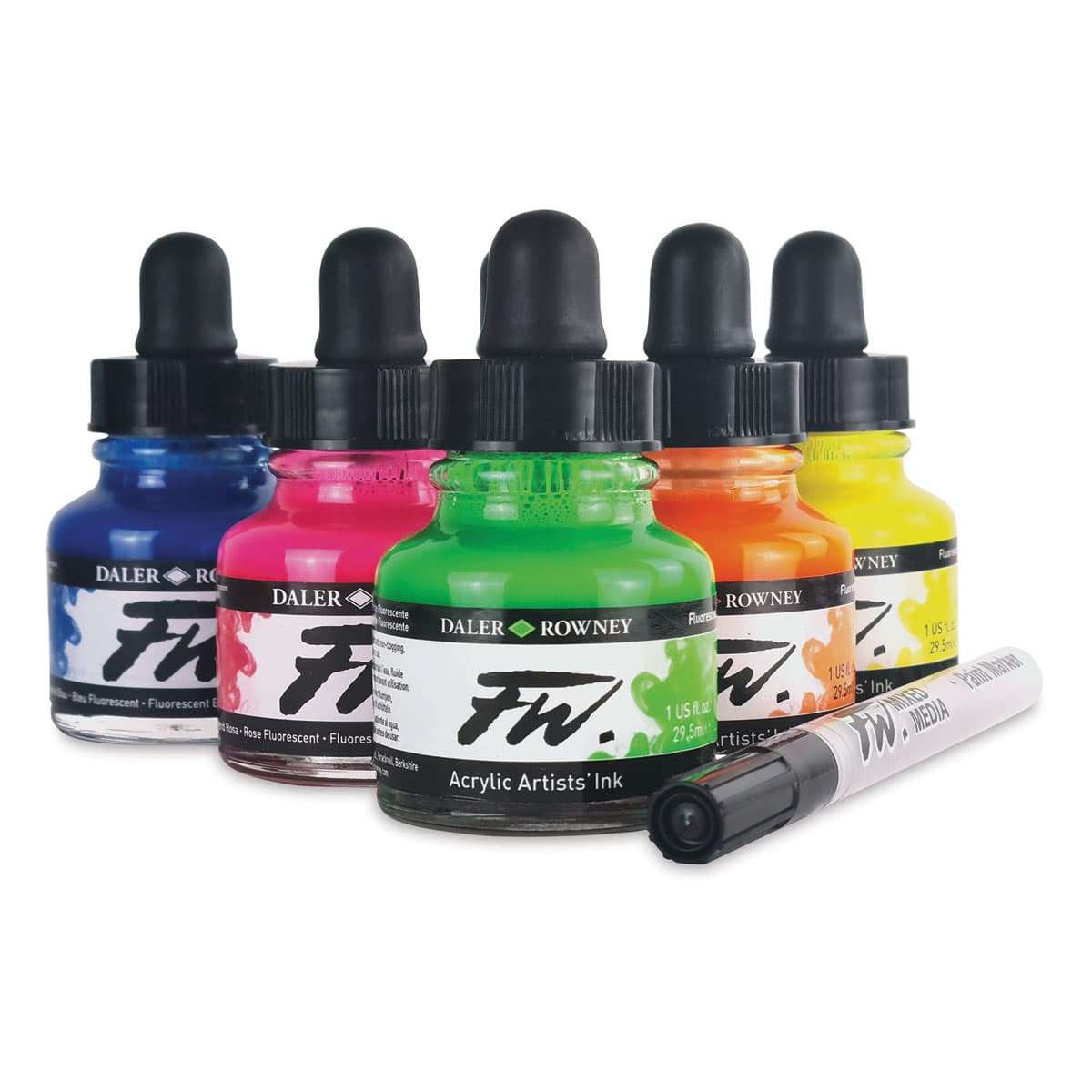 Daler-Rowney FW Acrylic Water-Resistant Artists Ink - 1 oz, Neon Colors, Set of 6 with Empty Marker Daler-Rowney FW Acrylic Water-Resistant Artists Ink - 1 oz, Neon Colors, Set of 6 with Empty Marker