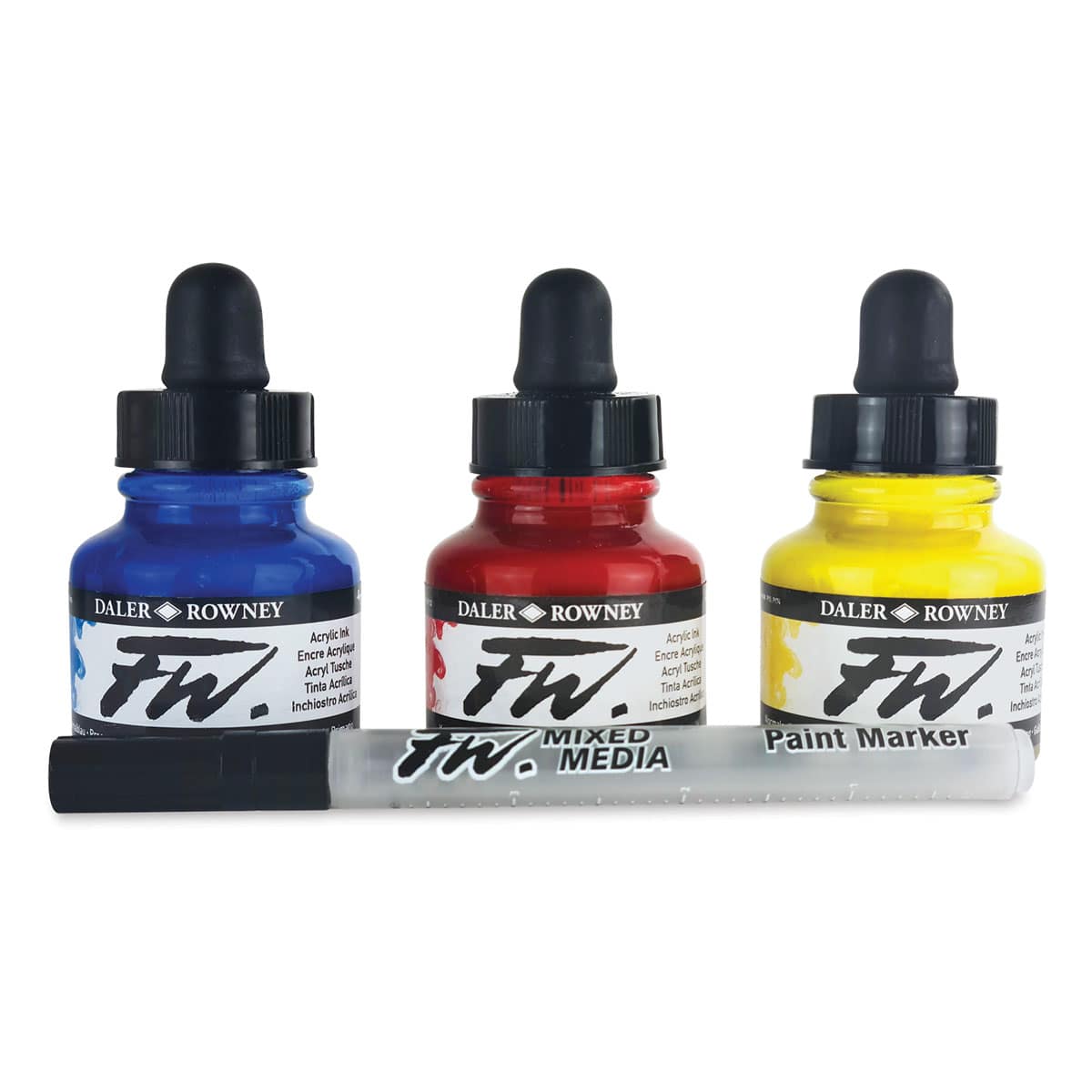 Daler-Rowney FW Acrylic Water-Resistant Artists Ink - 1 oz, Starter Colors, Set of 3 (three bottles of ink and an empty marker) Daler-Rowney FW Acrylic Water-Resistant Artists Ink - 1 oz, Starter Colors, Set of 3 (three bottles of ink and an empty marker)