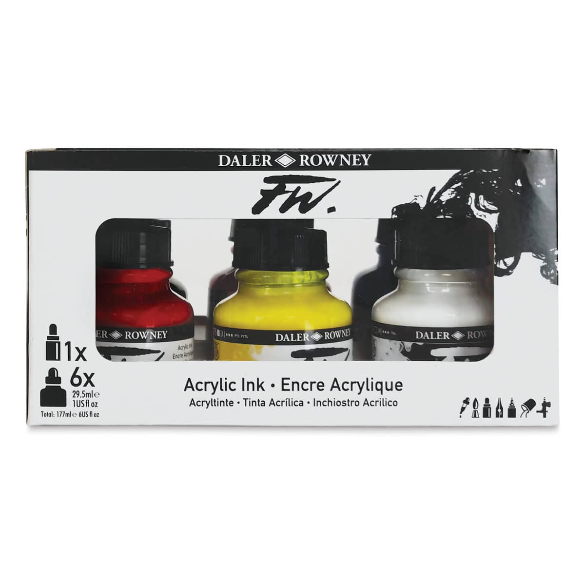 Daler-Rowney FW Acrylic Water-Resistant Artists Ink - 1 oz, Primary Colors, Set of 6 with Empty Marker (front of package)