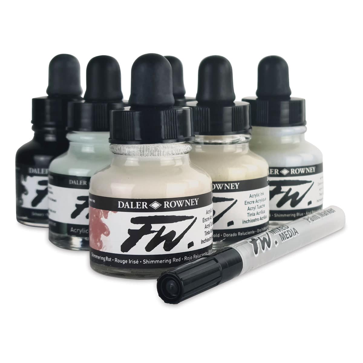 Daler-Rowney FW Acrylic Water-Resistant Artists Ink - 1 oz, Shimmer Colors, Set of 6 with Empty Marker Daler-Rowney FW Acrylic Water-Resistant Artists Ink - 1 oz, Shimmer Colors, Set of 6 with Empty Marker