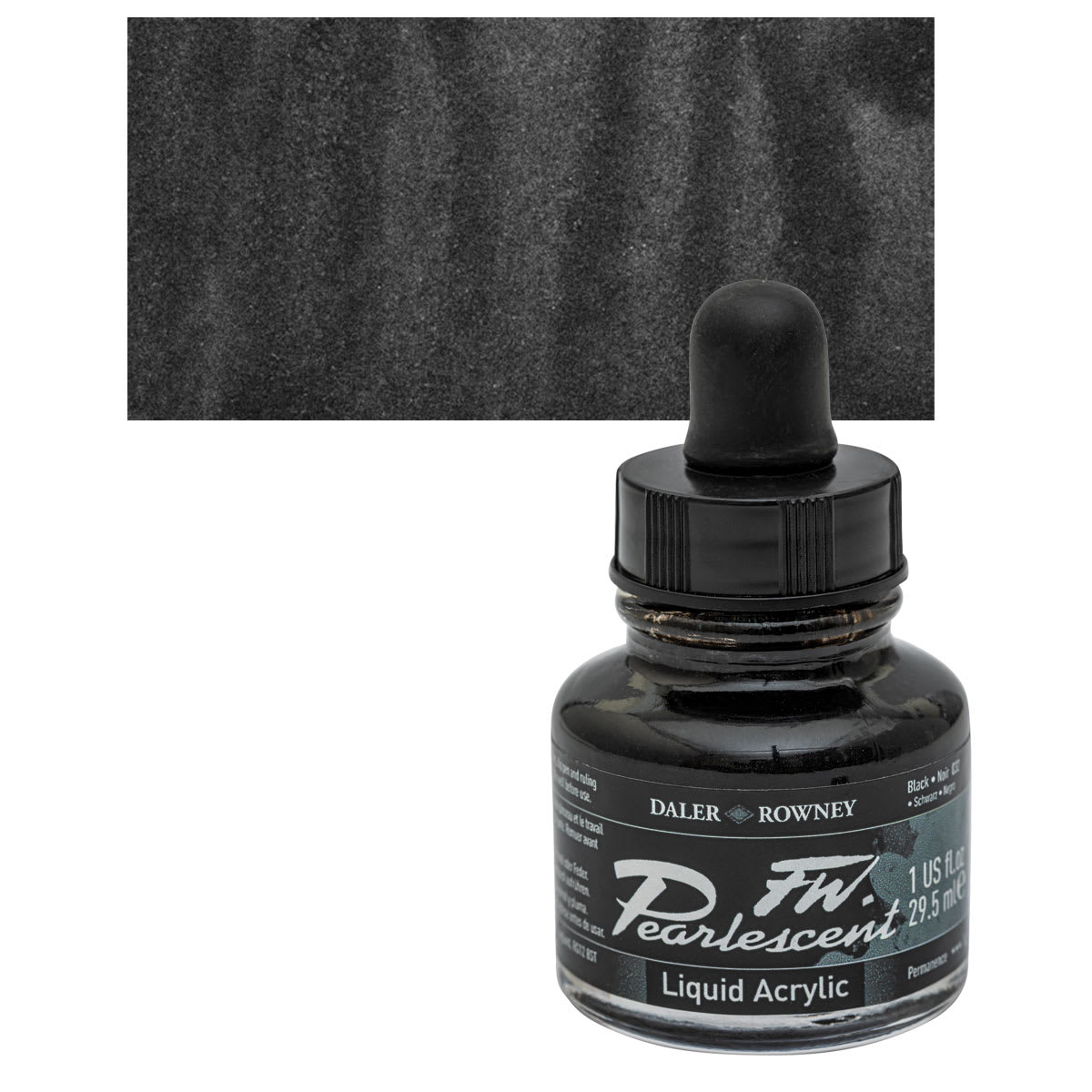 Daler-Rowney FW Acrylic Pearlescent Liquid Acrylic Artist's Ink - 1 oz, Black and swatch