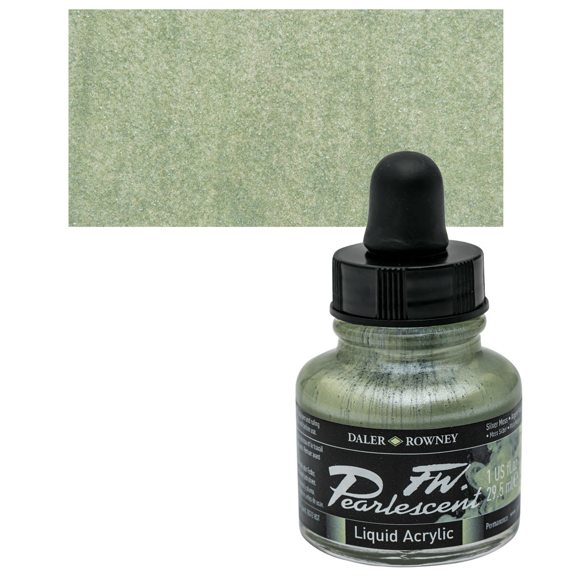 Daler-Rowney FW Acrylic Pearlescent Liquid Acrylic Artist's Ink - 1 oz, Silver Moss and swatch