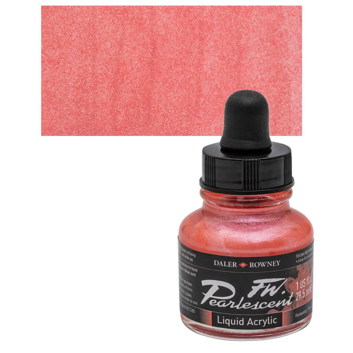Daler-Rowney FW Acrylic Pearlescent Liquid Acrylic Artist's Ink - 1 oz, Volcano Red and swatch