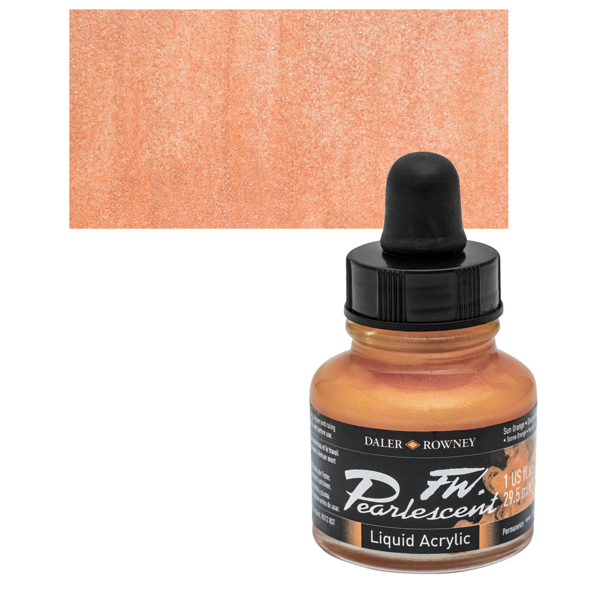 Daler-Rowney FW Acrylic Pearlescent Liquid Acrylic Artist's Ink - 1 oz, Sun Orange and swatch