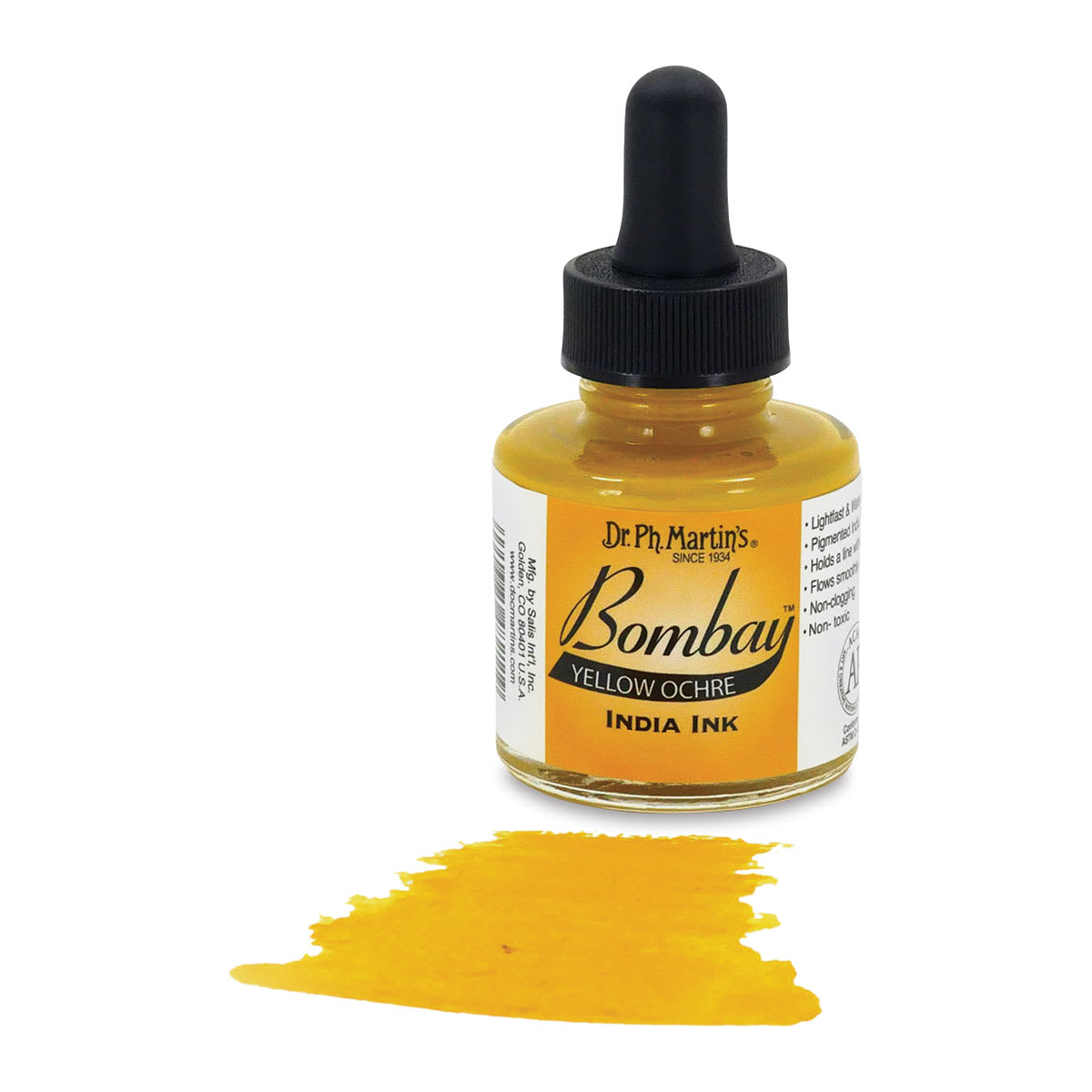 Dr. Ph. Martin's Bombay India Ink - 1 oz, Yellow Ochre bottle with swatch