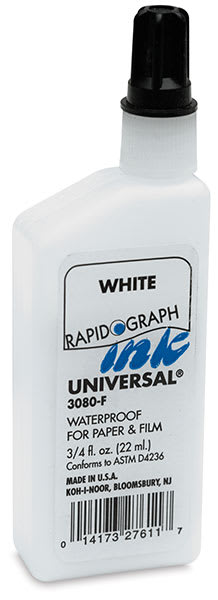 Koh-I-Noor Rapidograph Universal Ink - Front view of 3/4 oz bottle of White Ink