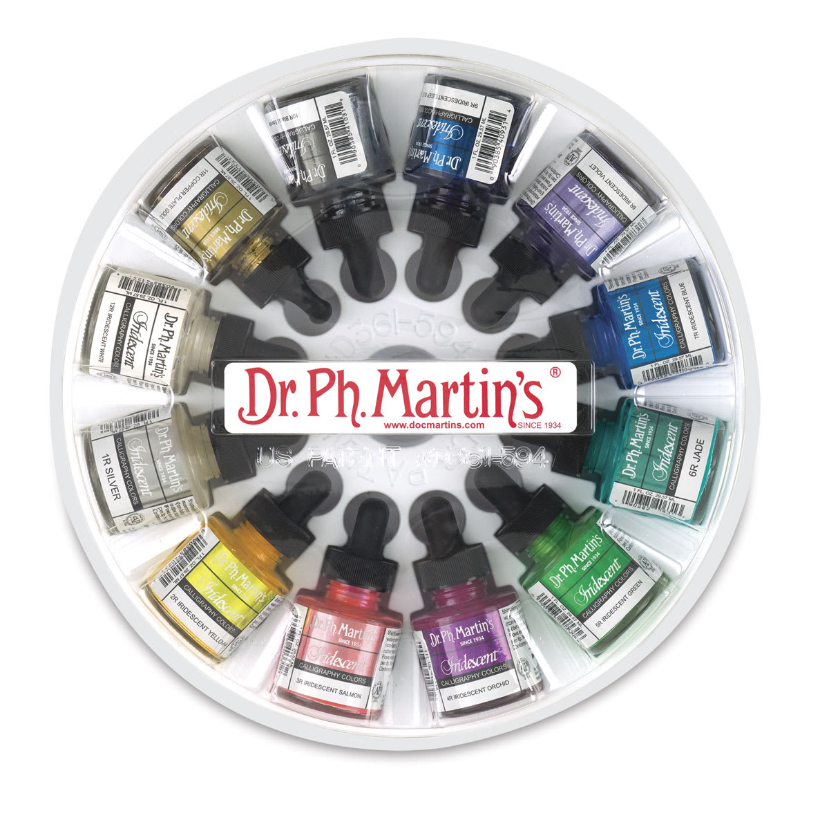 Dr. Ph. Martin's Iridescent Calligraphy Ink Set - Top view of Set 1 with 1 oz bottles Dr. Ph. Martin's Iridescent Calligraphy Ink Set - Top view of Set 1 with 1 oz bottles