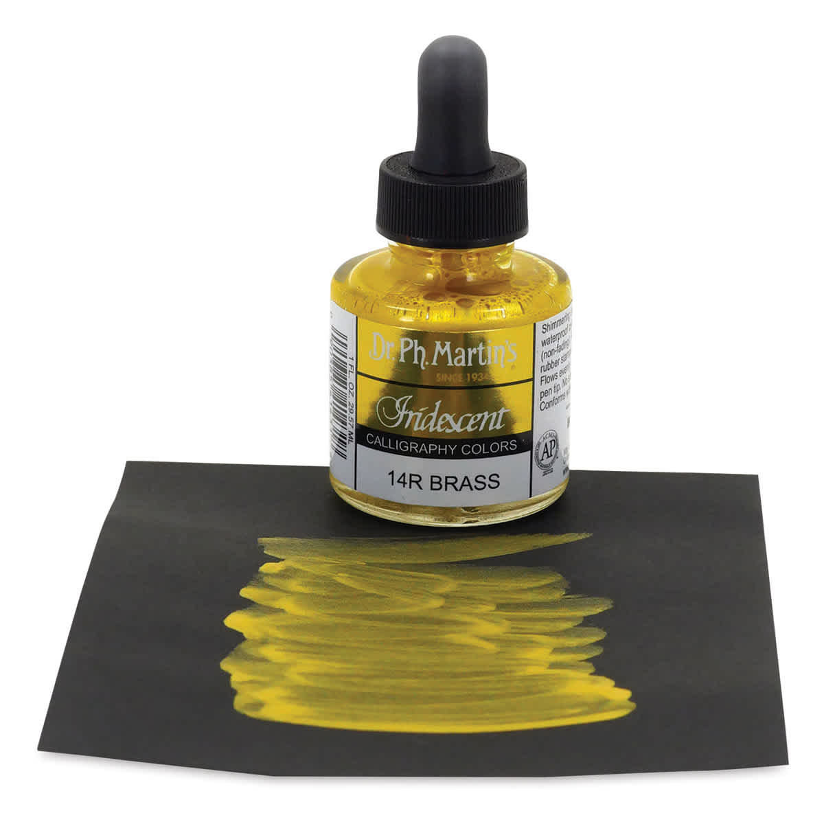 Dr. Ph. Martin's Iridescent Calligraphy Ink - 1 0z Brass bottle on paper with swath of ink Dr. Ph. Martin's Iridescent Calligraphy Ink - 1 0z Brass bottle on paper with swath of ink
