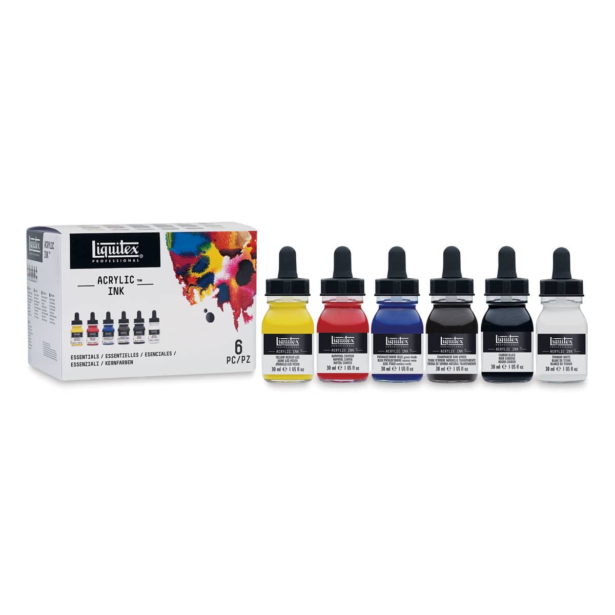 Liquitex Professional Acrylic Ink Set - Set of 6 Essential Ink Colors shown next to package Liquitex Professional Acrylic Ink Set - Set of 6 Essential Ink Colors shown next to package