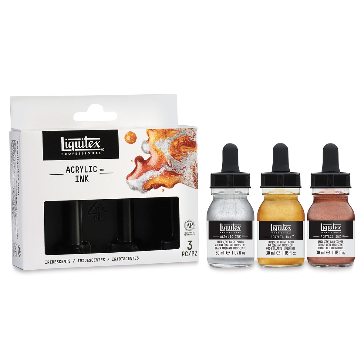 Liquitex Professional Acrylic Ink Set - Set of 3 Iridescent Ink Colors shown next to package Liquitex Professional Acrylic Ink Set - Set of 3 Iridescent Ink Colors shown next to package