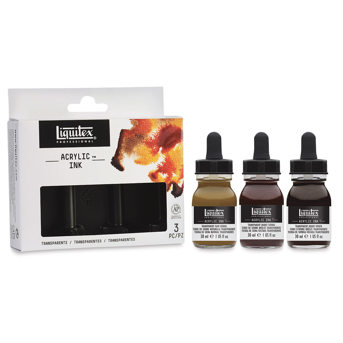 Liquitex Professional Acrylic Ink Set - Set of 3 Transparent Ink Colors shown next to package Liquitex Professional Acrylic Ink Set - Set of 3 Transparent Ink Colors shown next to package