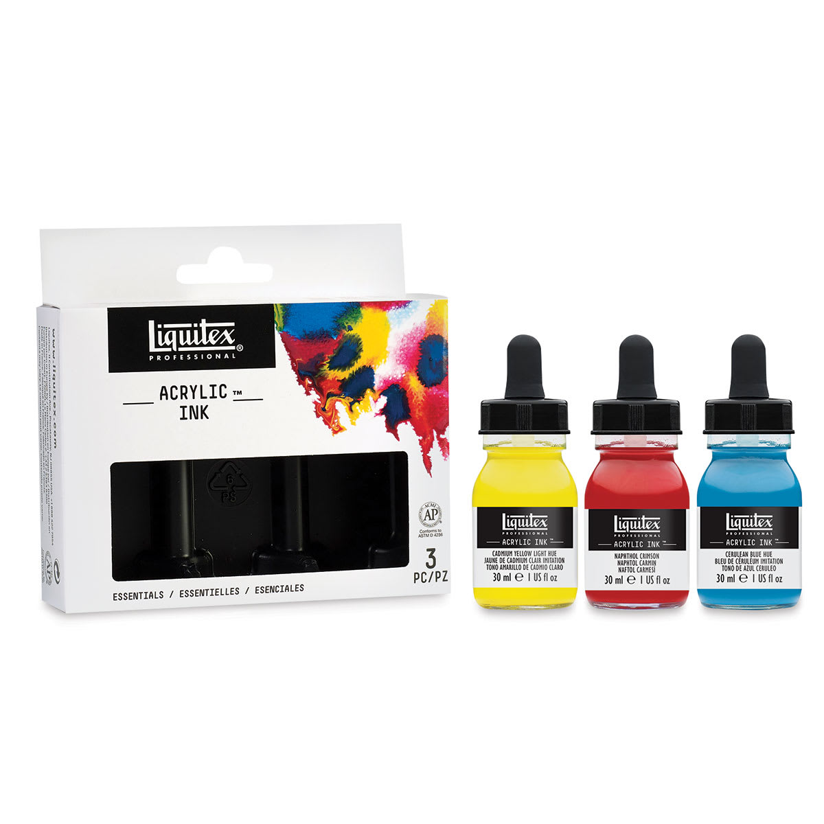 Liquitex Professional Acrylic Ink Set - Set of 3 Basic Ink Colors shown next to package