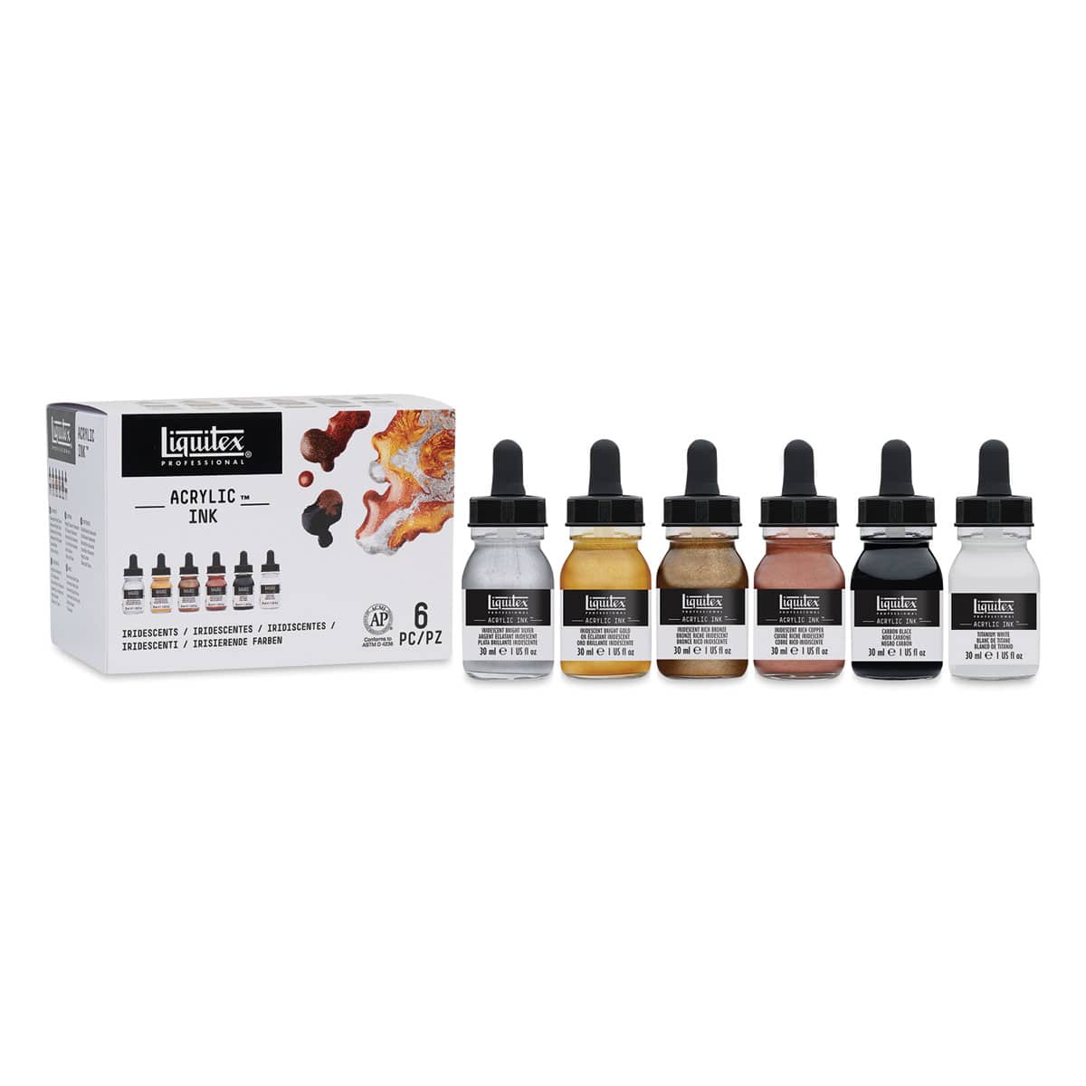 Liquitex Professional Acrylic Ink Set - Set of 6 Metallic Ink Colors shown next to package Liquitex Professional Acrylic Ink Set - Set of 6 Metallic Ink Colors shown next to package