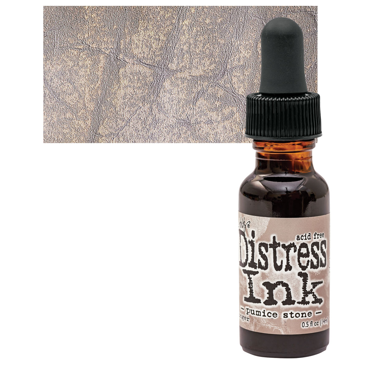 Ranger Distress Ink Pad Re-Inker - Pumice Stone bottle and swatch