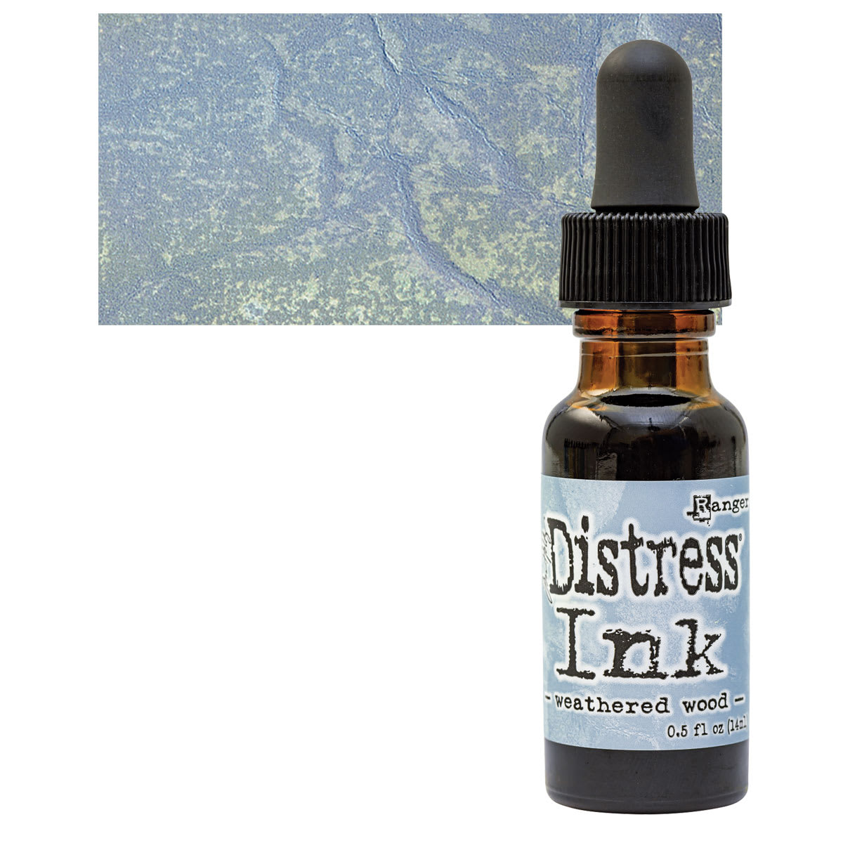 Ranger Distress Ink Pad Re-Inker - Weathered Wood bottle and swatch