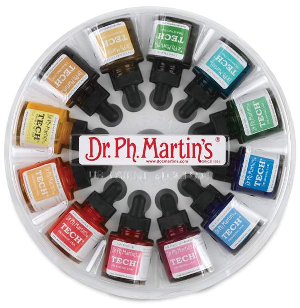 Dr. Ph. Martin's Tech Drawing Ink - Top view of round package of Set of 12 Inks
