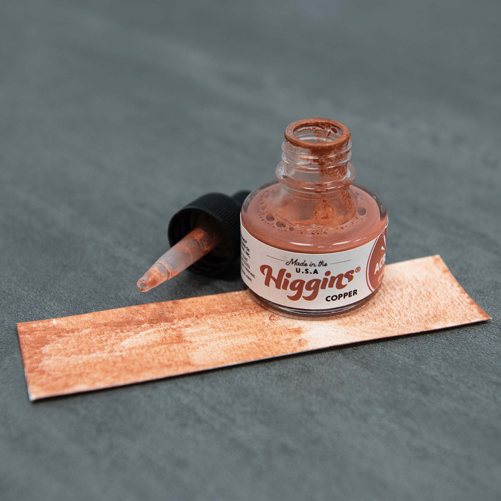 Higgins Acrylic Ink - Copper, 1 oz bottle with dropper and swatch
