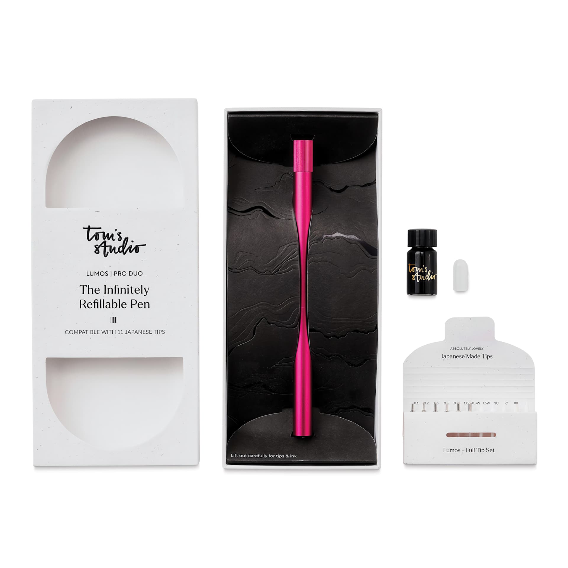 Tom's Studio Lumos Pro Refillable Dual Tip Pen Set - Raspberry, pen in packaging and contents laid out