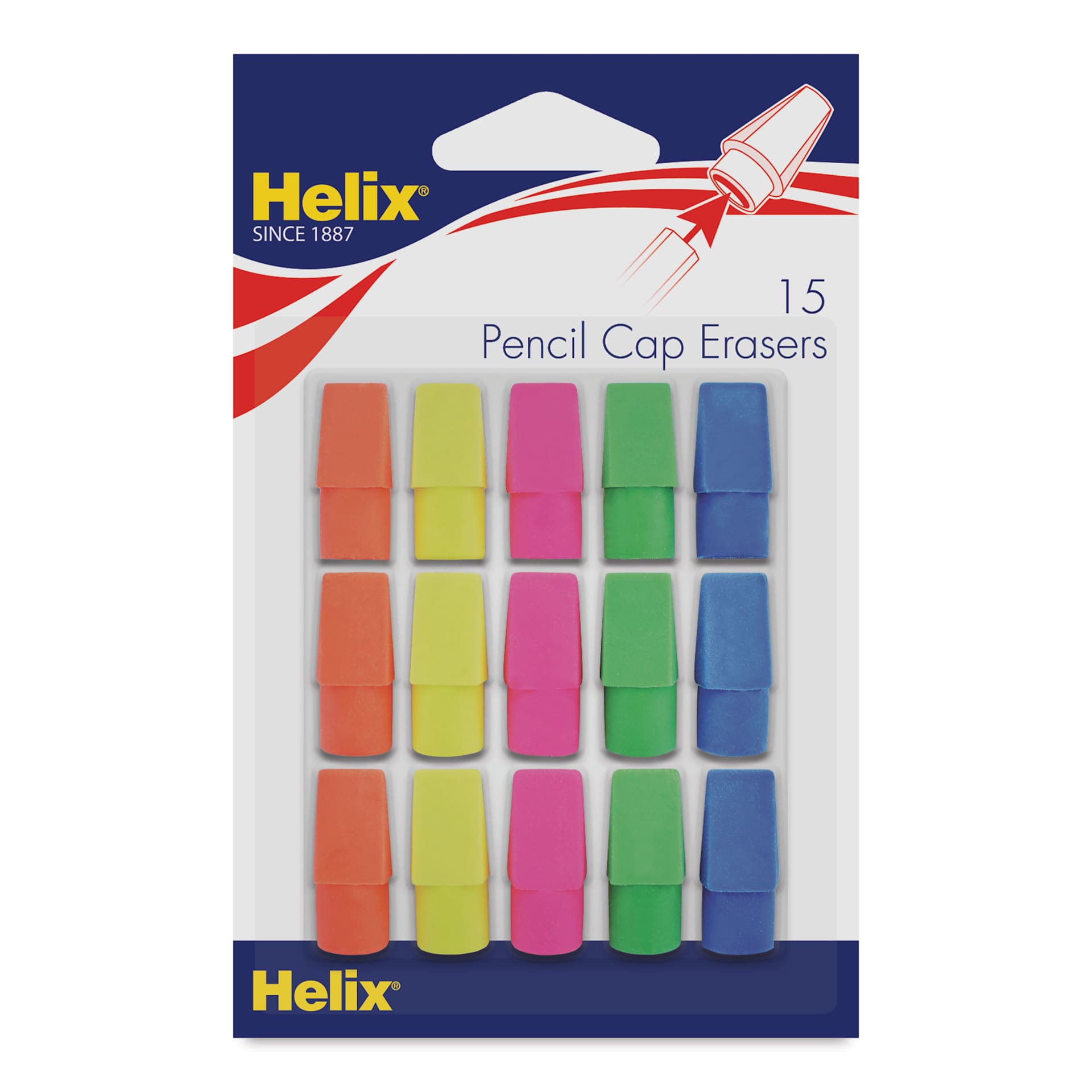 Helix Pencil Cap Erasers - Pkg of 15, front of the packaging Helix Pencil Cap Erasers - Pkg of 15, front of the packaging