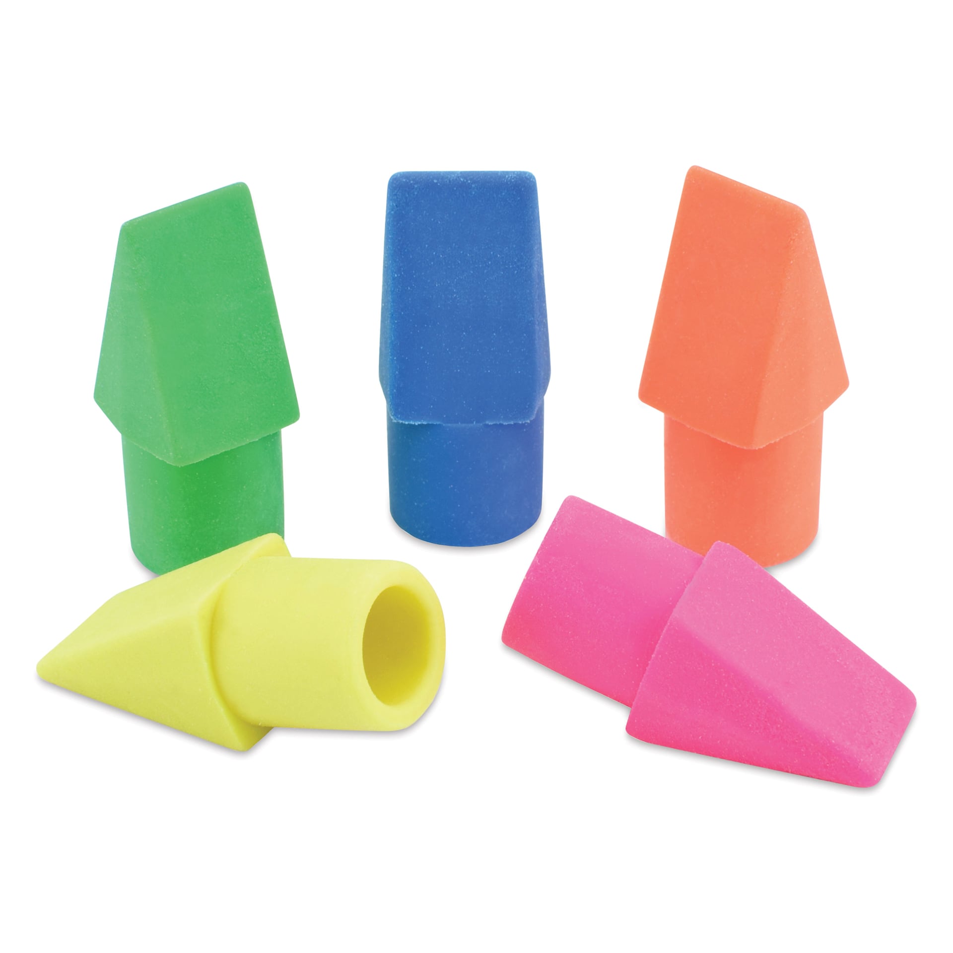 Helix Pencil Cap Erasers - Pkg of 15, five pencil cap erasers in different colors laid out Helix Pencil Cap Erasers - Pkg of 15, five pencil cap erasers in different colors laid out