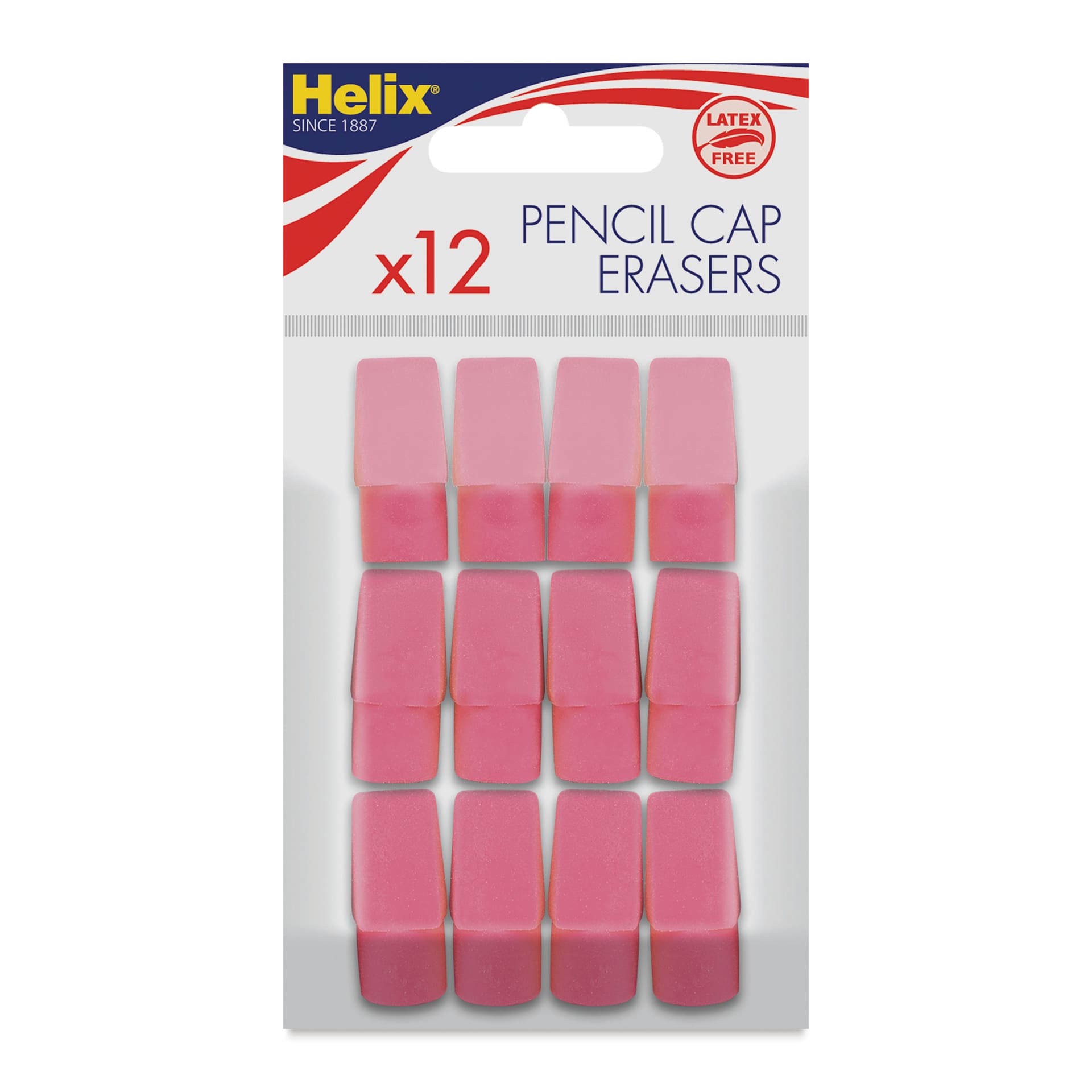 Helix Pencil Cap Erasers - Pink, Pkg of 12, front of the packaging Helix Pencil Cap Erasers - Pink, Pkg of 12, front of the packaging