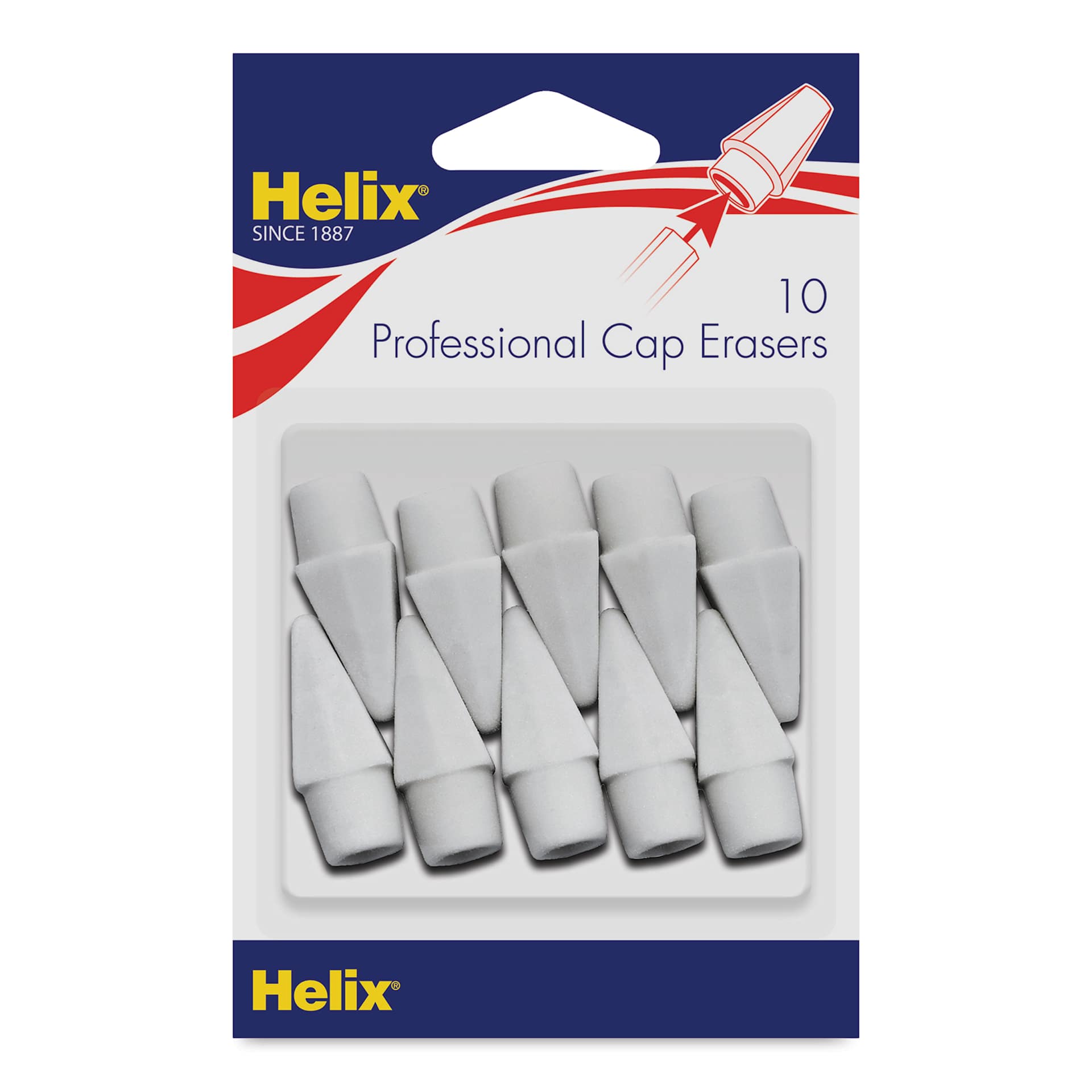 Helix Oversized Professional Cap Erasers - White, Pkg of 10, front of the packaging Helix Oversized Professional Cap Erasers - White, Pkg of 10, front of the packaging