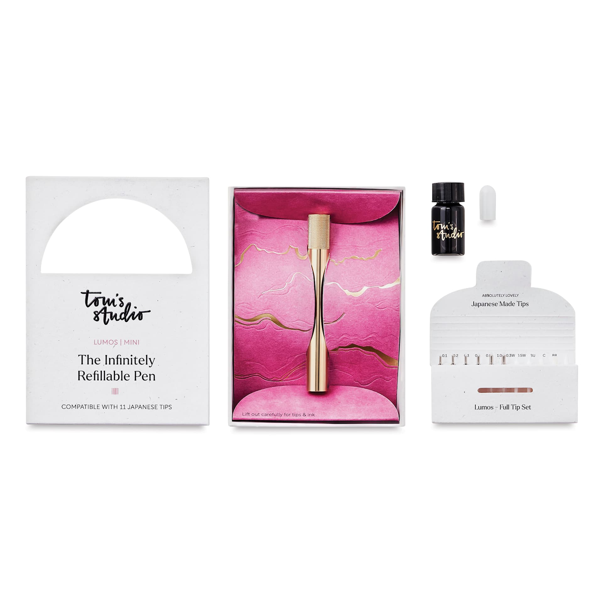 Tom's Studio Lumos Mini Refillable Pen - Solid Brass, packaging and contents