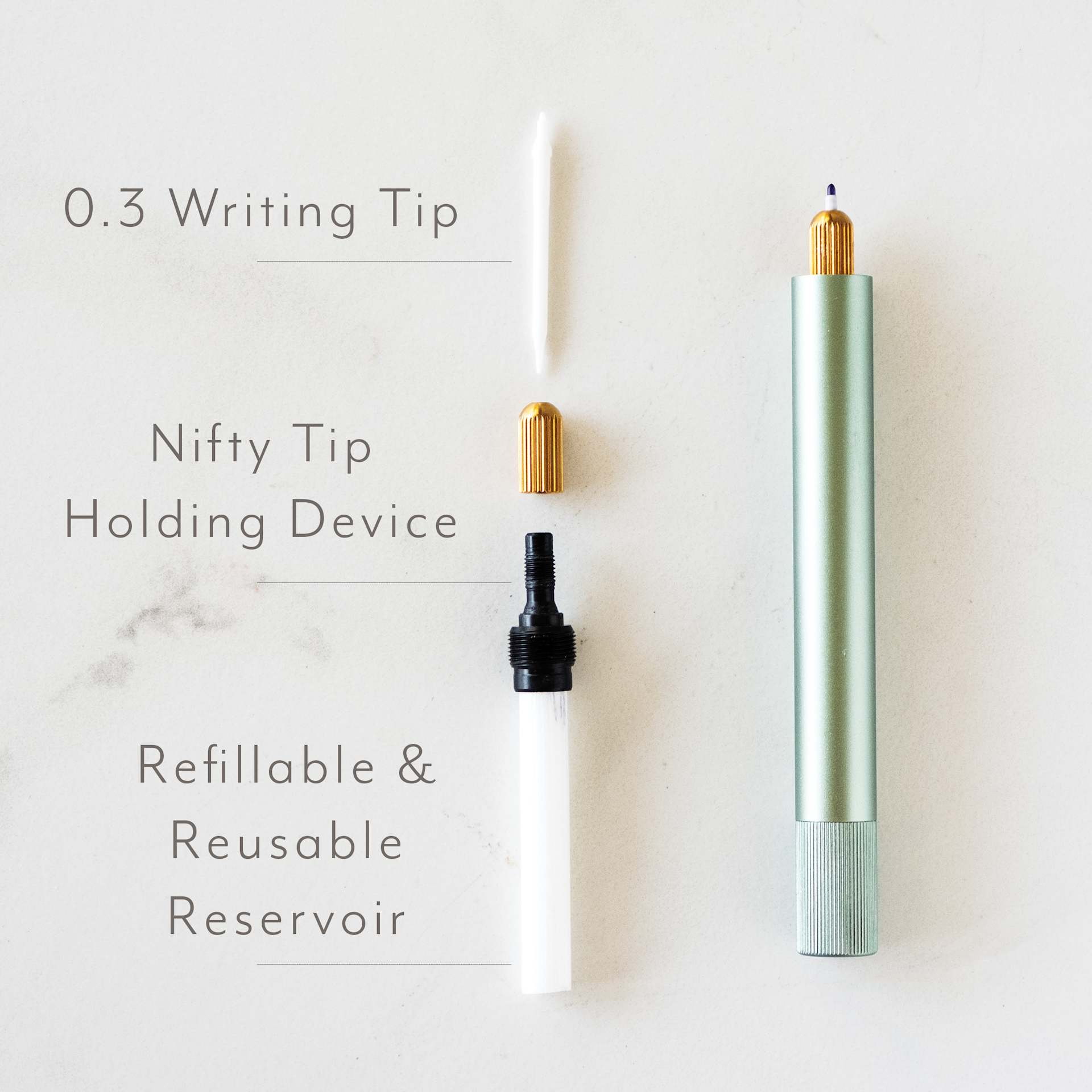 0.3 writing tip, nifty tip holding device, refillable and reusable reservoir