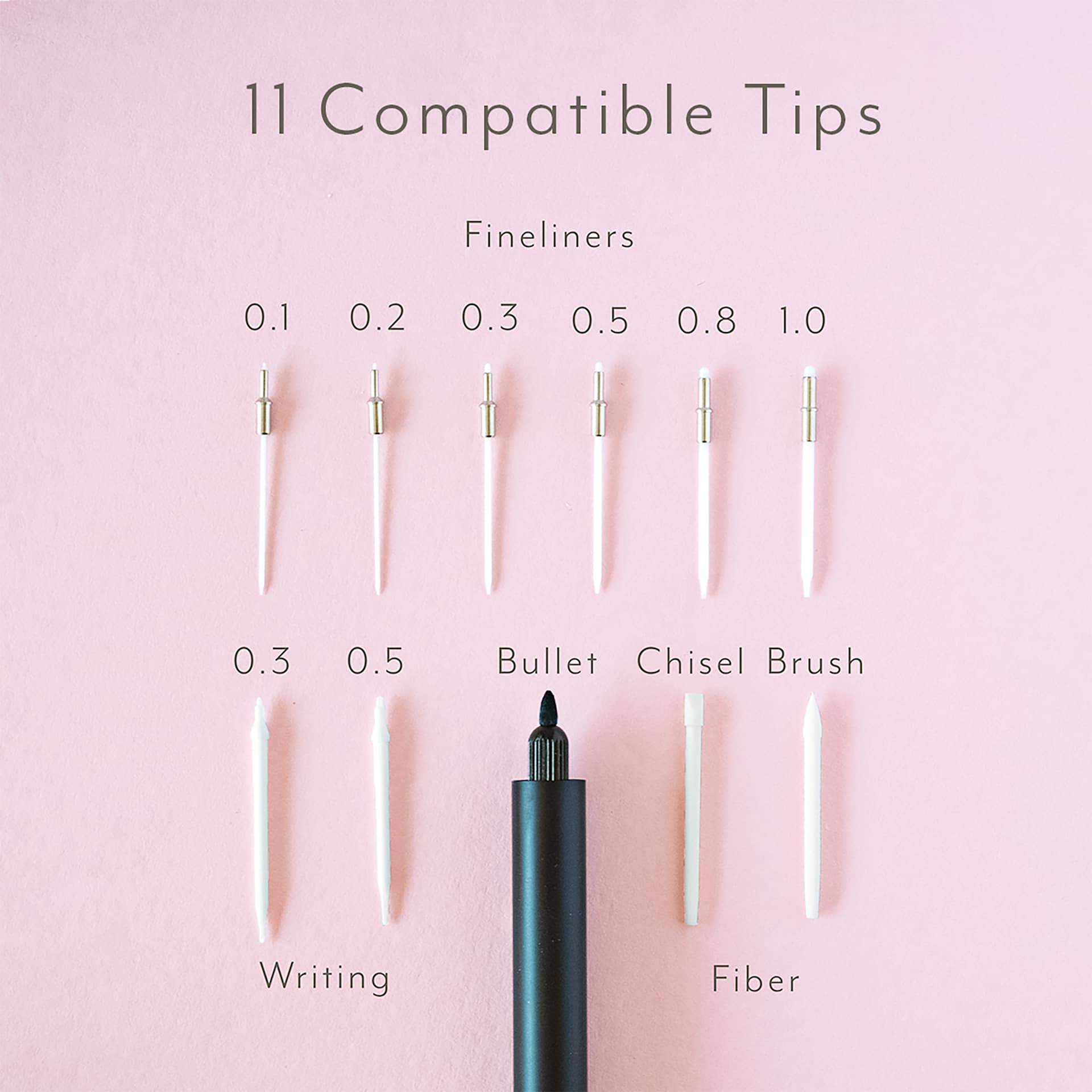 Tom's Studio Lumos Mini Refillable Pen, showing different tip sizes