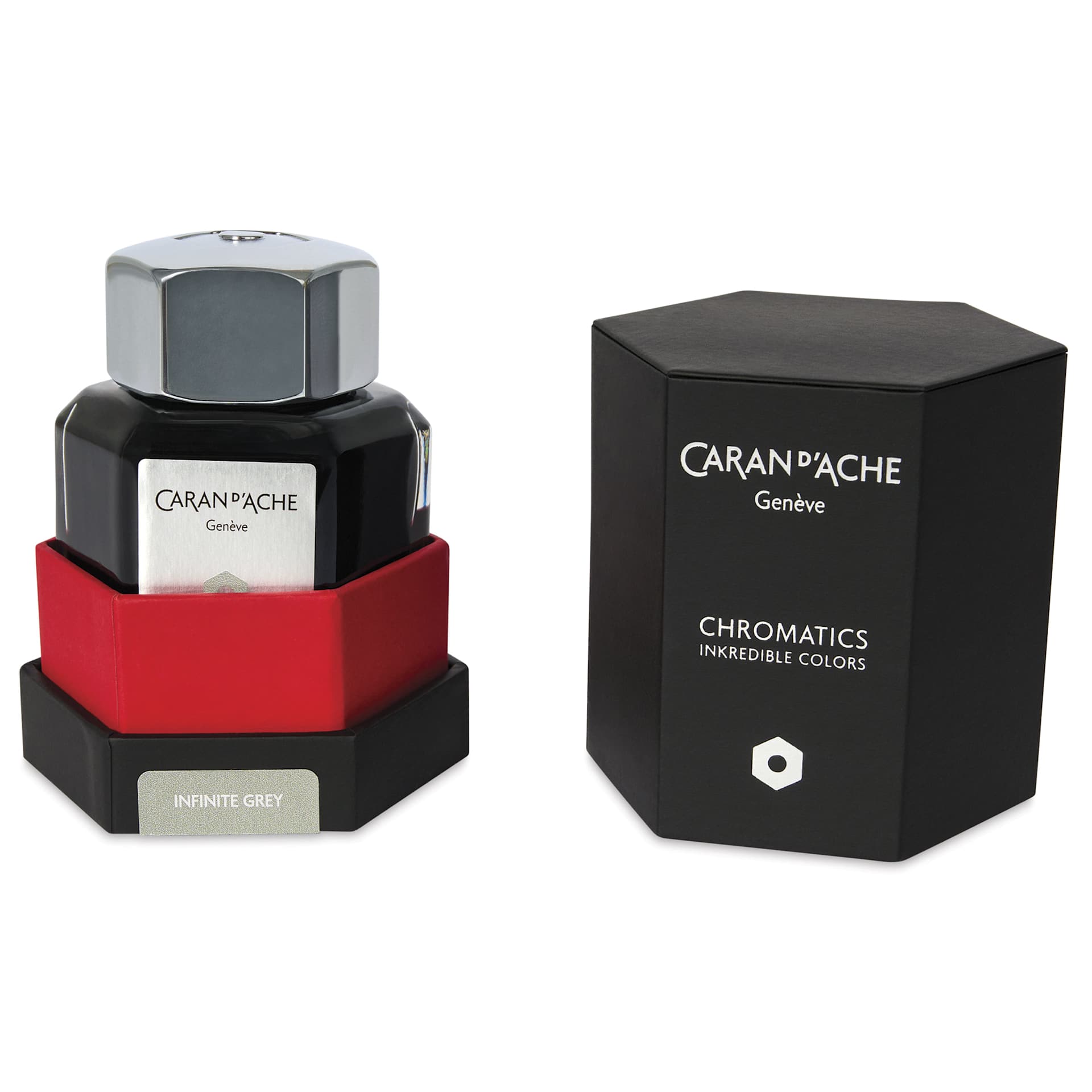 Caran d'Ache Chromatics Ink - Infinite Grey, 50 ml Jar, jar in package next to lid