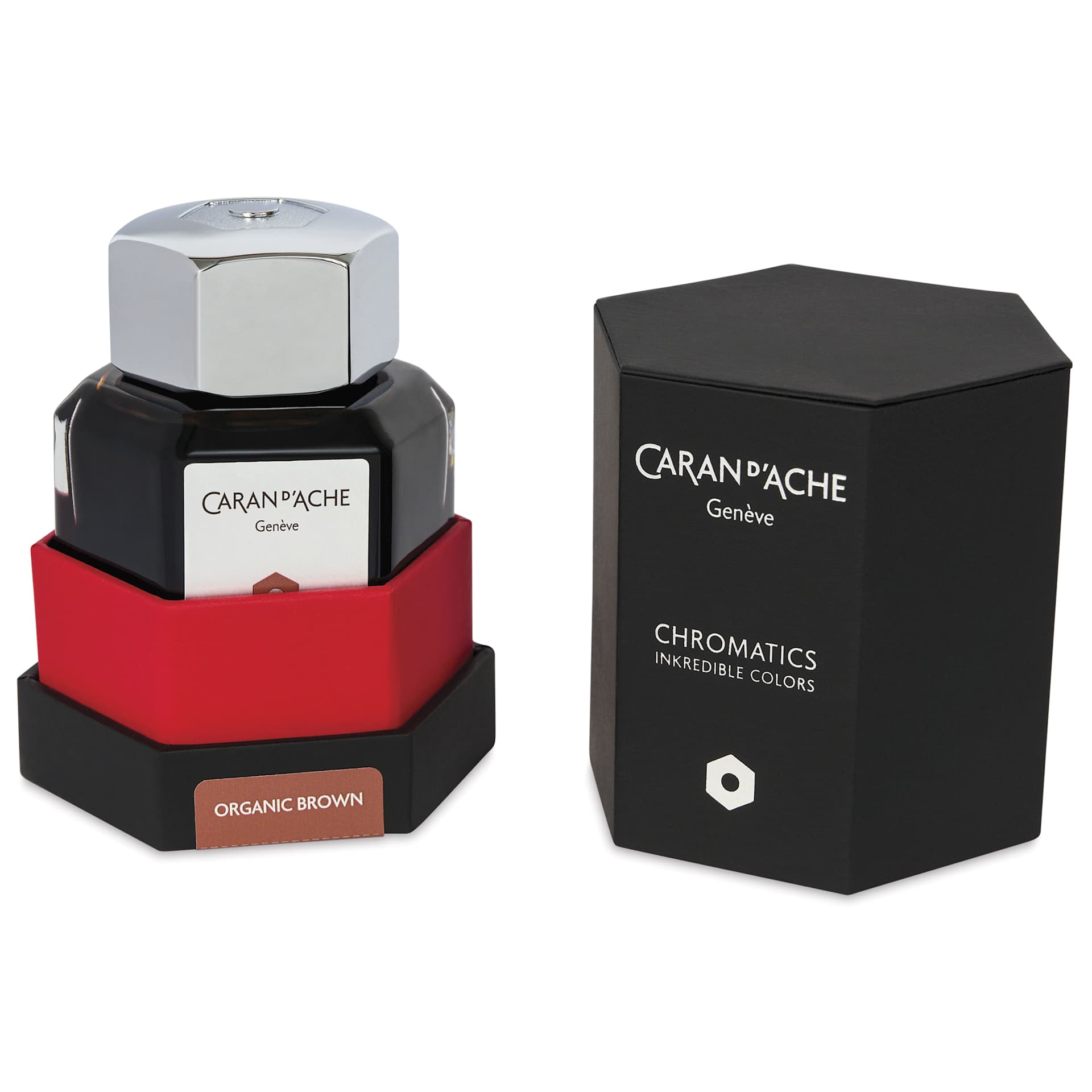 Caran d'Ache Chromatics Ink - Organic Brown, 50 ml Jar, jar in package next to lid