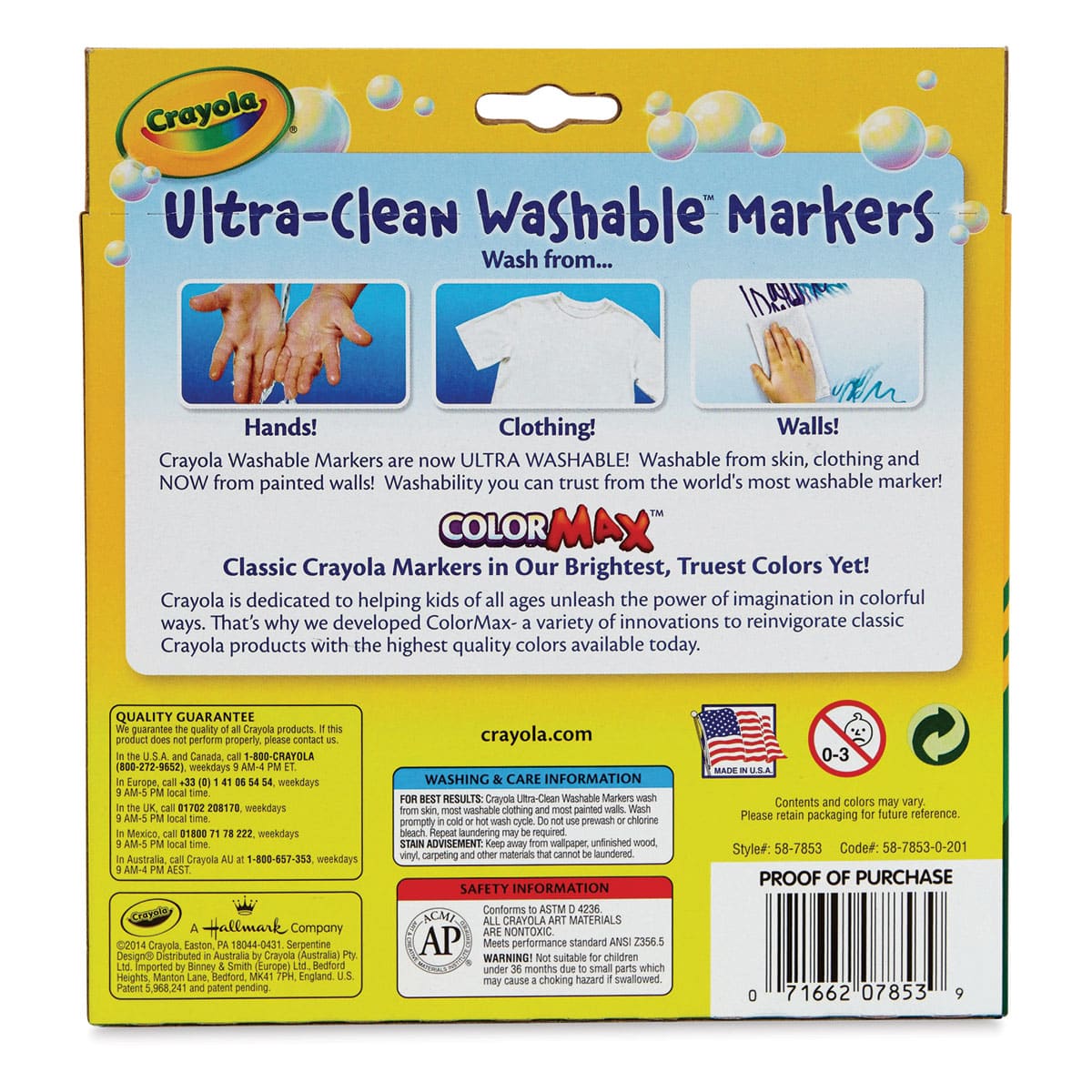 Crayola Ultra-Clean Washable Marker Set - Bold Colors, Broad Tip, Set of 10 (back of package)