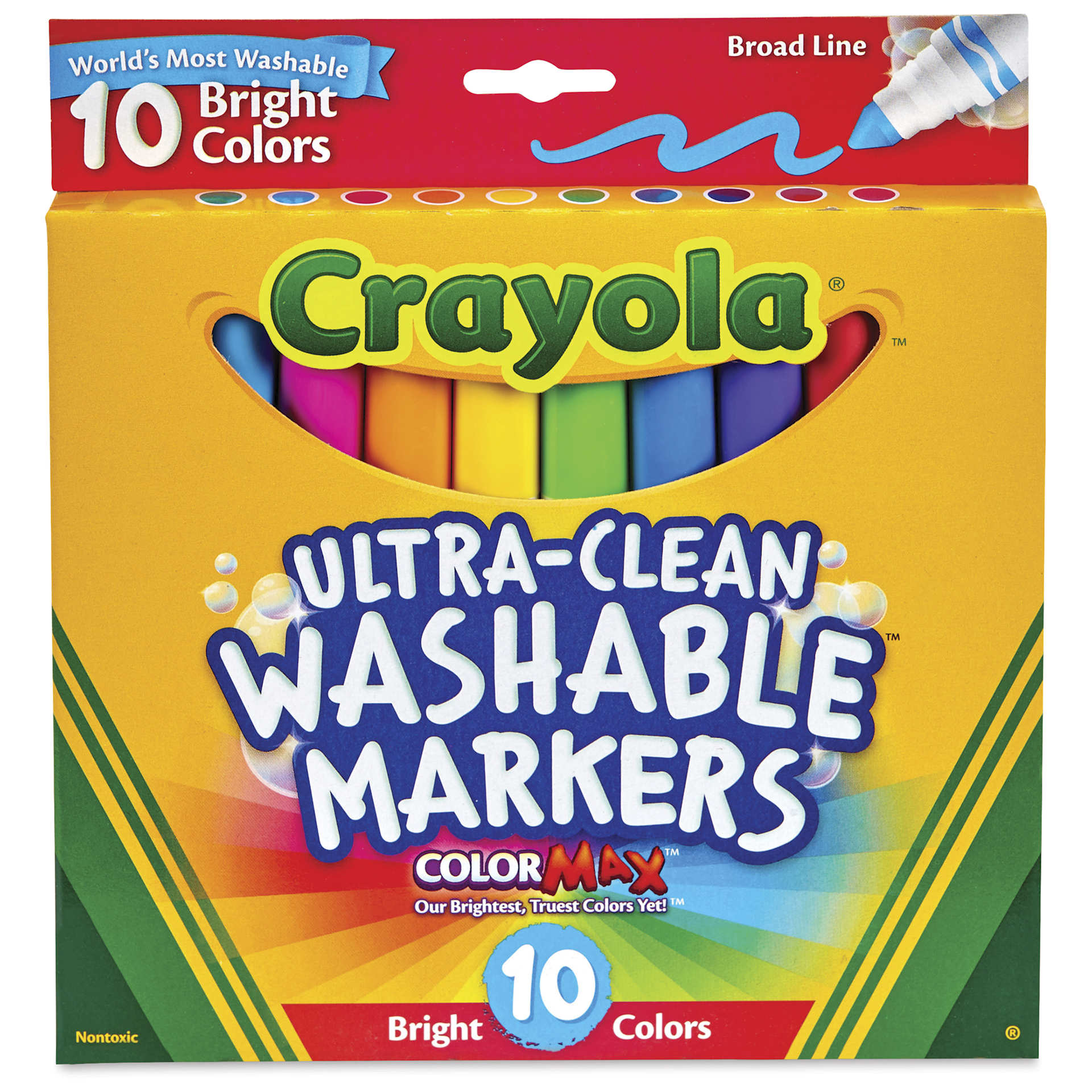Crayola Ultra-Clean Washable Marker Set - Bright Colors, Broad Tip, Set of 10, front of package