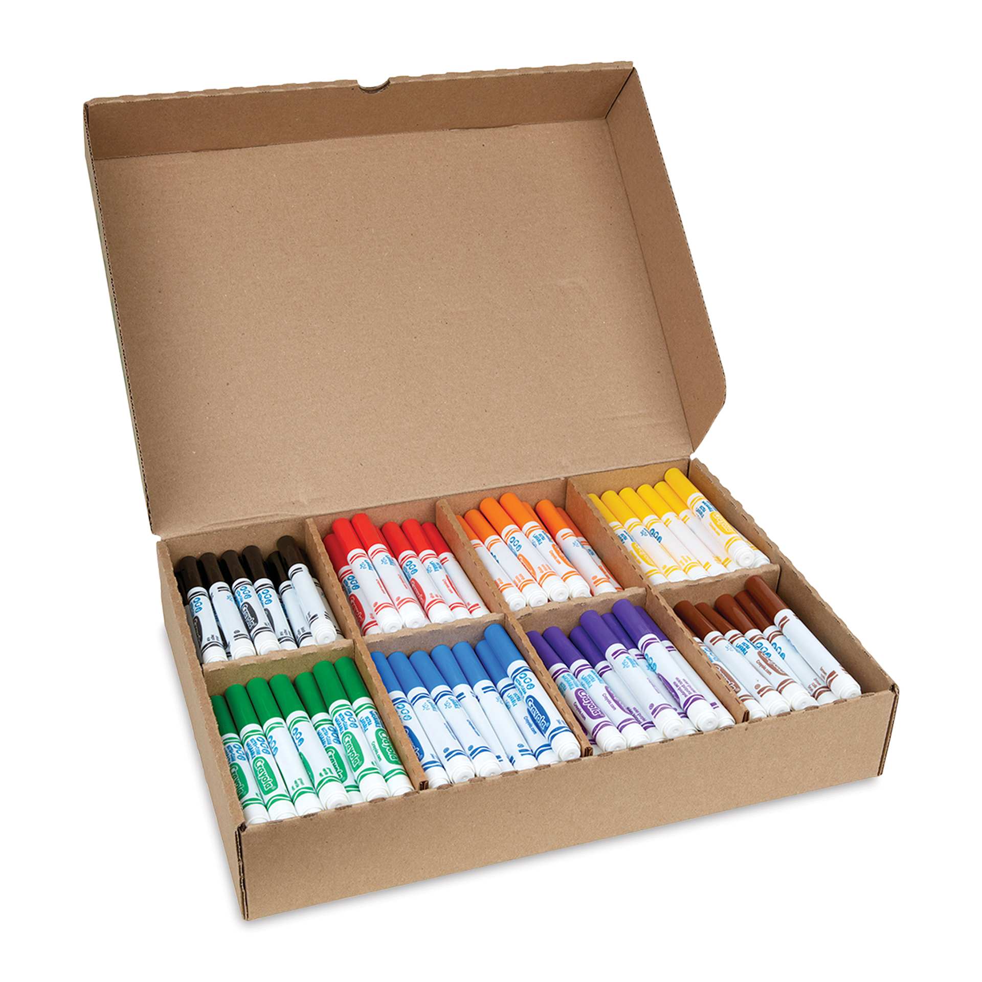 Crayola Ultra-Clean Washable Markers Classroom Pack - Set of 200, box open showing markers inside Crayola Ultra-Clean Washable Markers Classroom Pack - Set of 200, box open showing markers inside