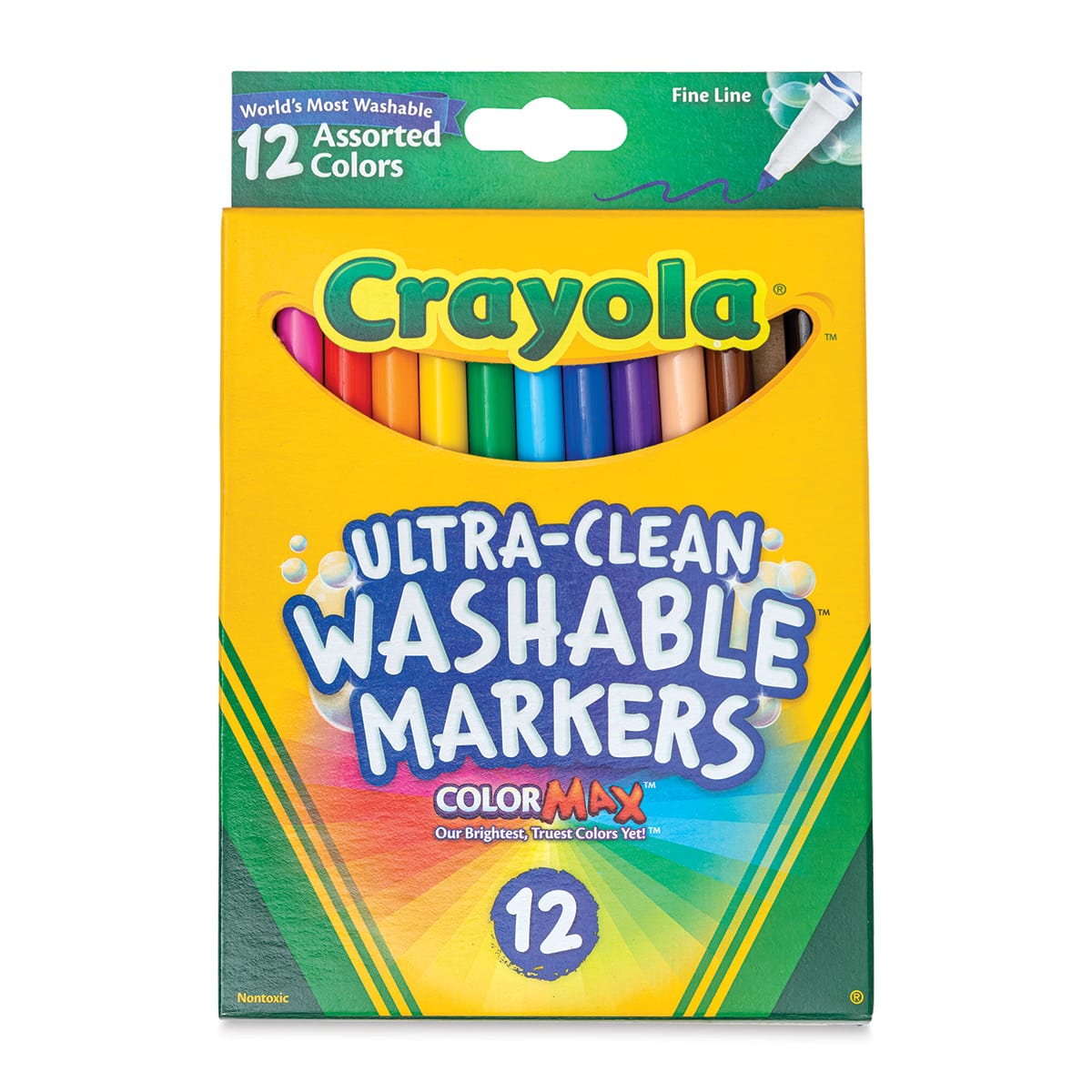 Crayola Classic Washable Marker Set - Classic Colors, Thin Line, Set of 12 (front of package) Crayola Classic Washable Marker Set - Classic Colors, Thin Line, Set of 12 (front of package)