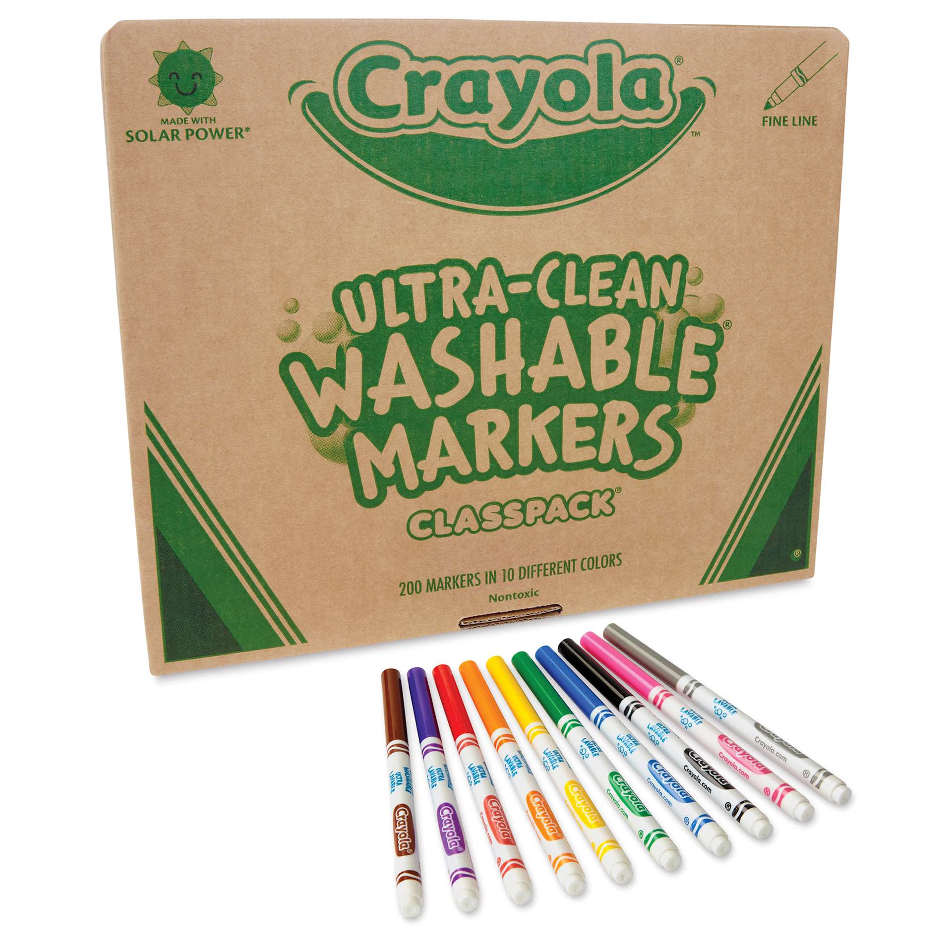 Crayola Ultra-Clean Washable Markers - Thin Line, Classpack of 200, box and markers laid out