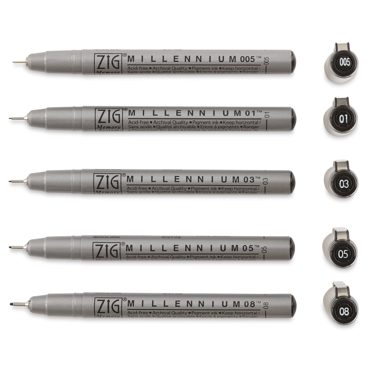 Kuretake Zig Millennium Fineliner Pens - Set of 5, Black (pens with caps removed, and ends of cap showing number)