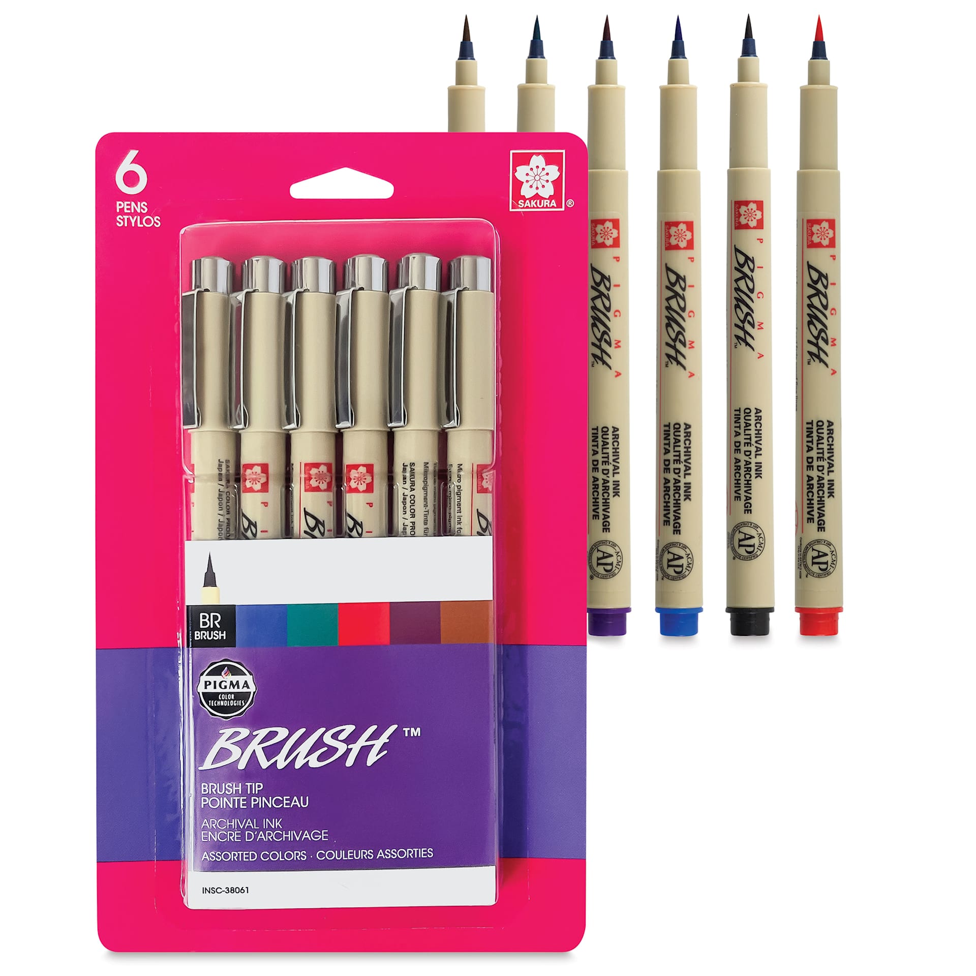 Sakura Pigma Brush Marker - Set of 6, Assorted, packaging and contents Sakura Pigma Brush Marker - Set of 6, Assorted, packaging and contents