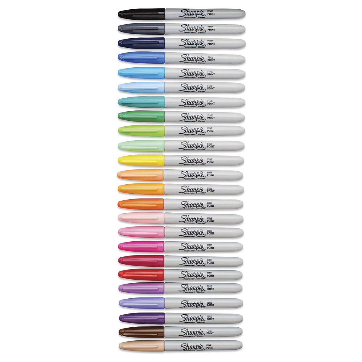Sharpie Fine Point Permanent Markers - Set of 24 Assorted Colors.  Unpacked row of markers, caps on.