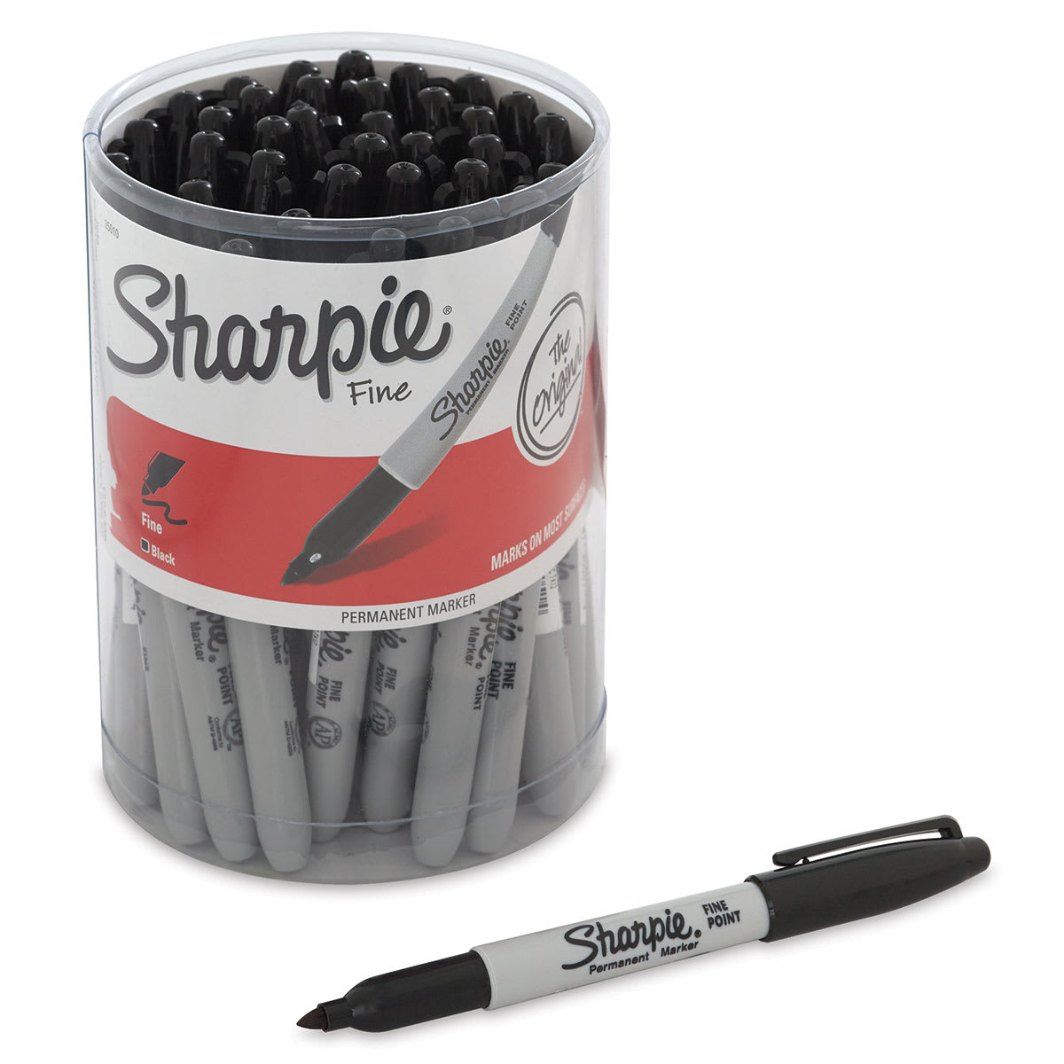 Sharpie Fine Point Permanent Markers - Black, Pkg of 36, single marker in front of canister. Sharpie Fine Point Permanent Markers - Black, Pkg of 36, single marker in front of canister.