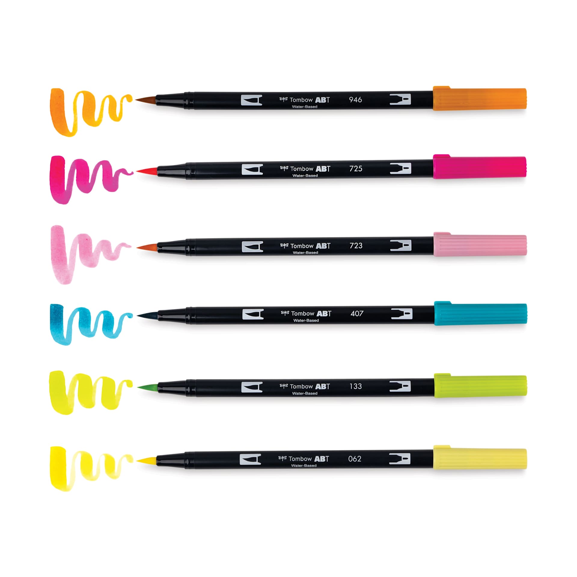 Tombow Dual Brush Pens - Happy Hour, Set of 6, pens with swatches