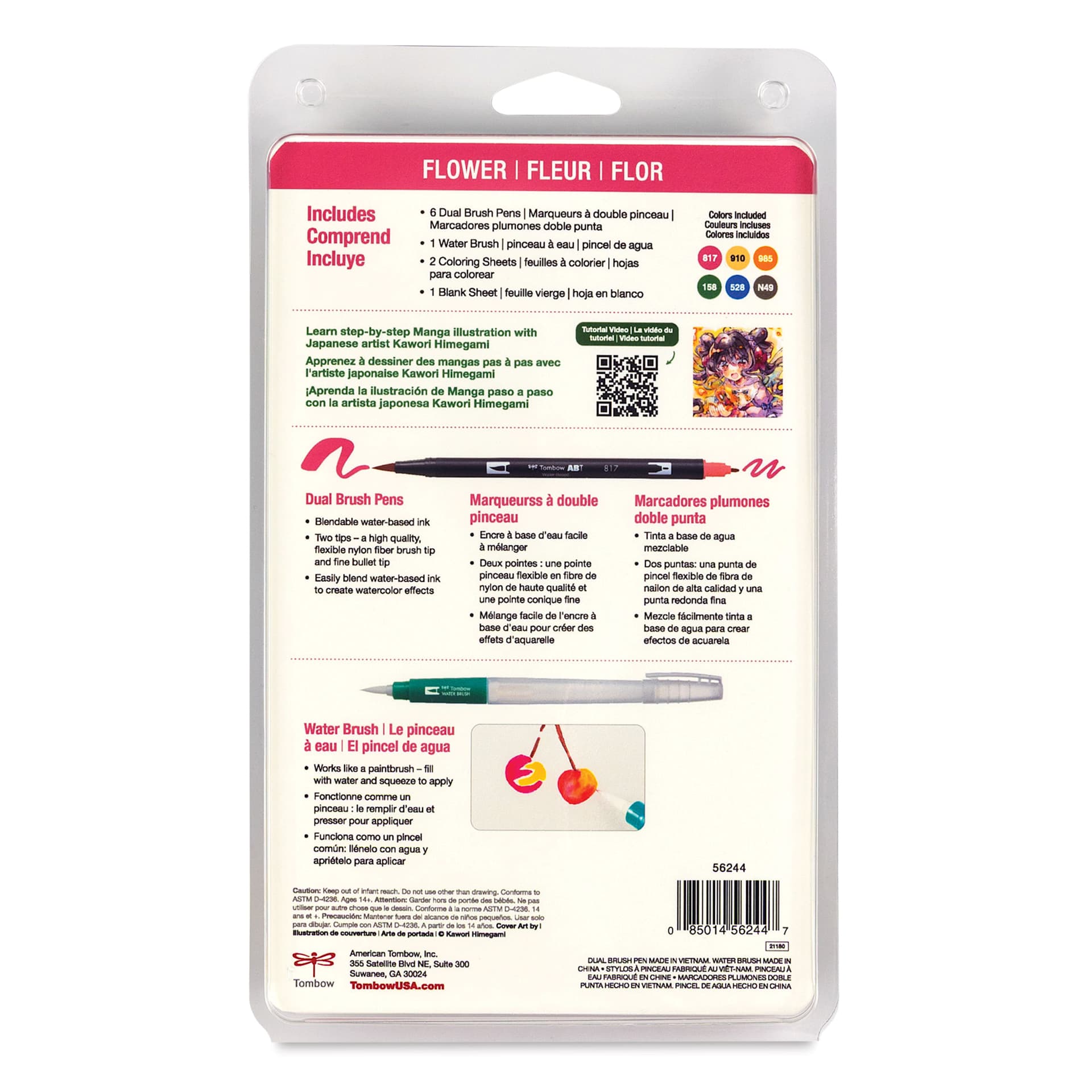 Tombow Dual Brush Manga Illustration Pens - Flower, Kit of 10, back of the packaging
