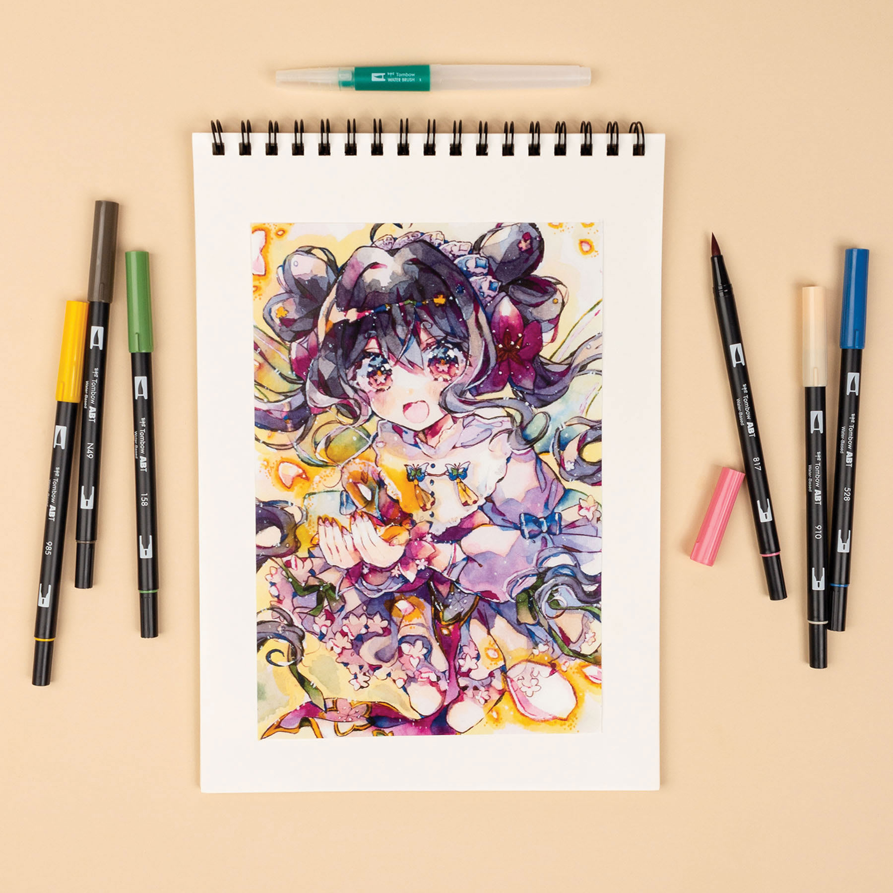 Tombow Dual Brush Manga Illustration Pens - Flower, Kit of 10, finished artwork and pens laid out