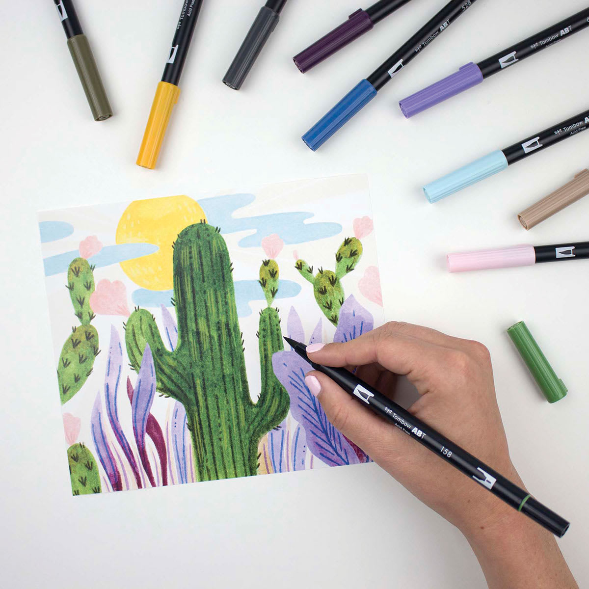 Tombow Dual Brush Pens - Set of 10, Desert Flora (Shown in use)