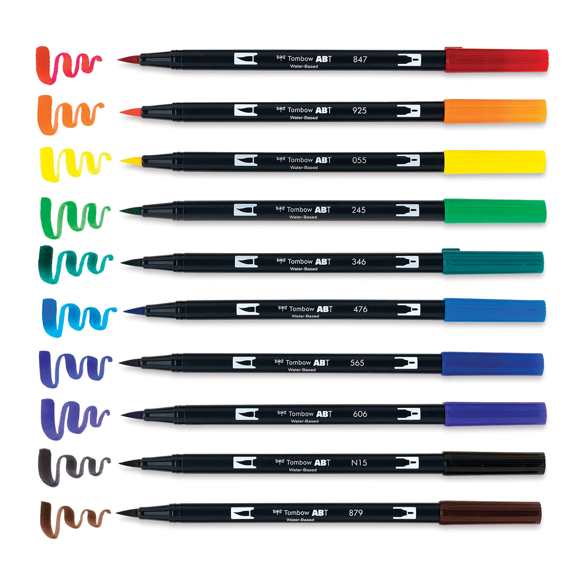 Tombow Dual Brush Pens - Primary Colors, Set of 10. Pens with swatches. Tombow Dual Brush Pens - Primary Colors, Set of 10. Pens with swatches.