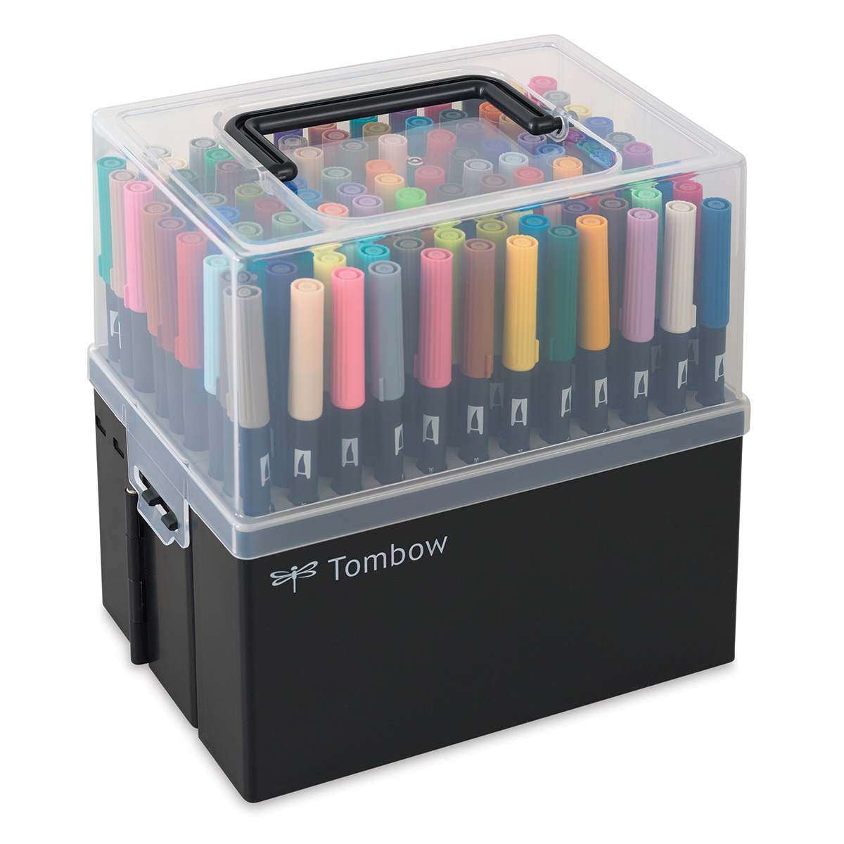 Tombow Dual Brush Pens - Set of 108 with Marker Case. Front corner angle of case. Tombow Dual Brush Pens - Set of 108 with Marker Case. Front corner angle of case.