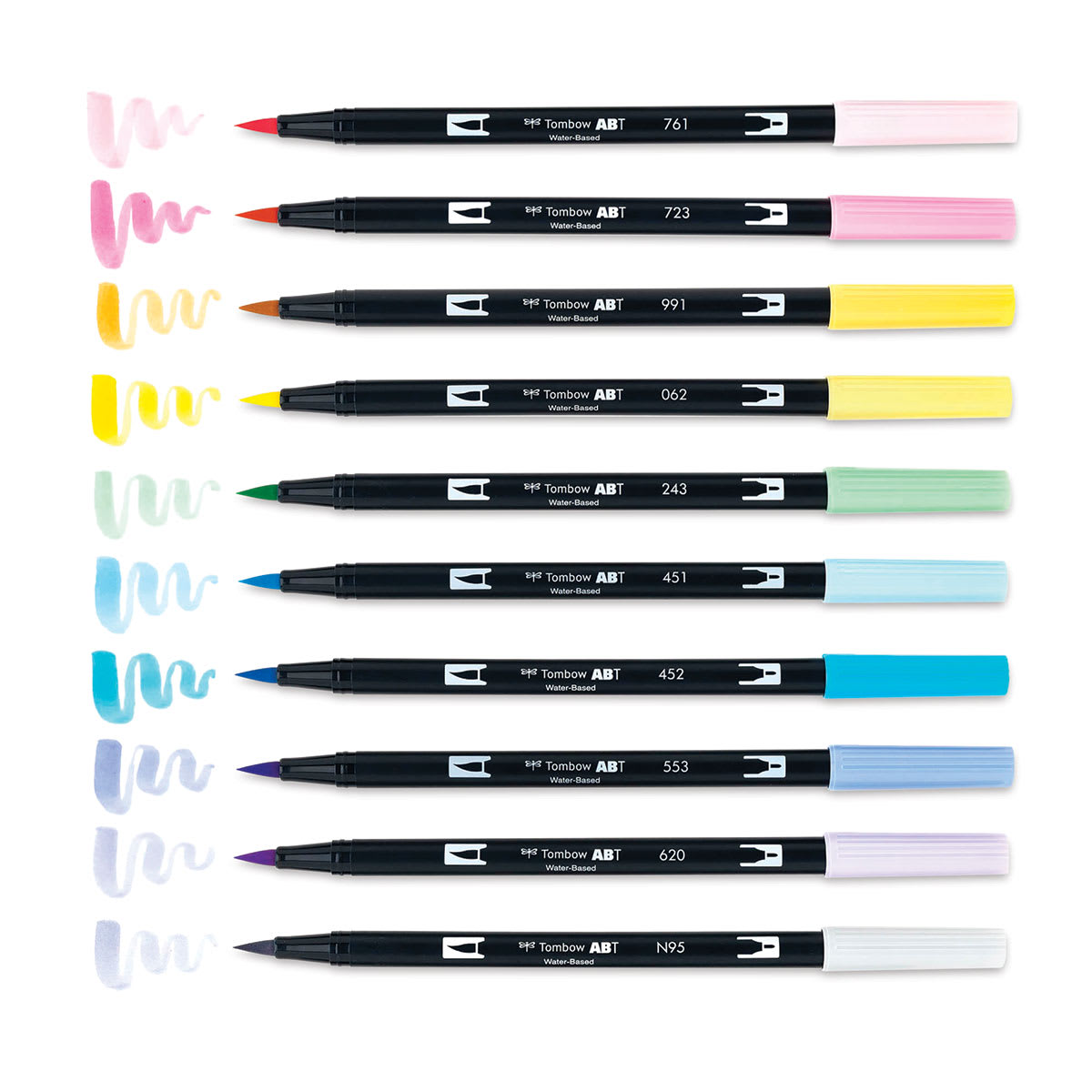 Tombow Dual Brush Pens - Pastel Colors, Set of 10. Pens with swatches.
